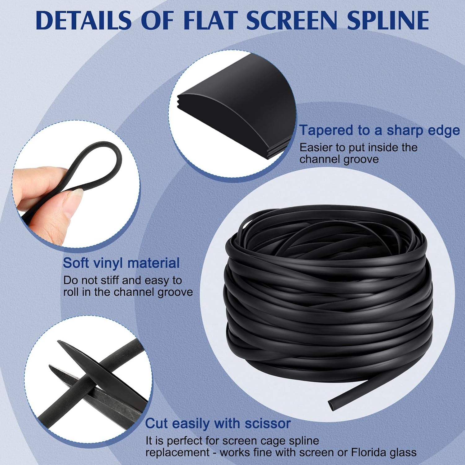 Flat Screen Spline 0.315 Width Vinyl Screen Spline Flat Bottom and Curved Top Edge Fillet for Replacing The Glass Screen on Windows or Patio Screen Doors, 0.092 Thickness(150 ft) | Flat Bottom Curved Top Profile, Replacing Screens on Patio Doors Windows, Weather Resistant Vinyl, 0.092 Thickness