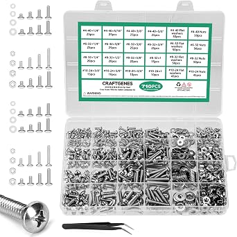 CraftGenes 710PCS Machine Screws Nuts and Washers Assortment Kit, Stainless Steel #4-40#6-32#8-32#10-24 Pan Head Bolts Set, Fasteners Hardware Kit with Case