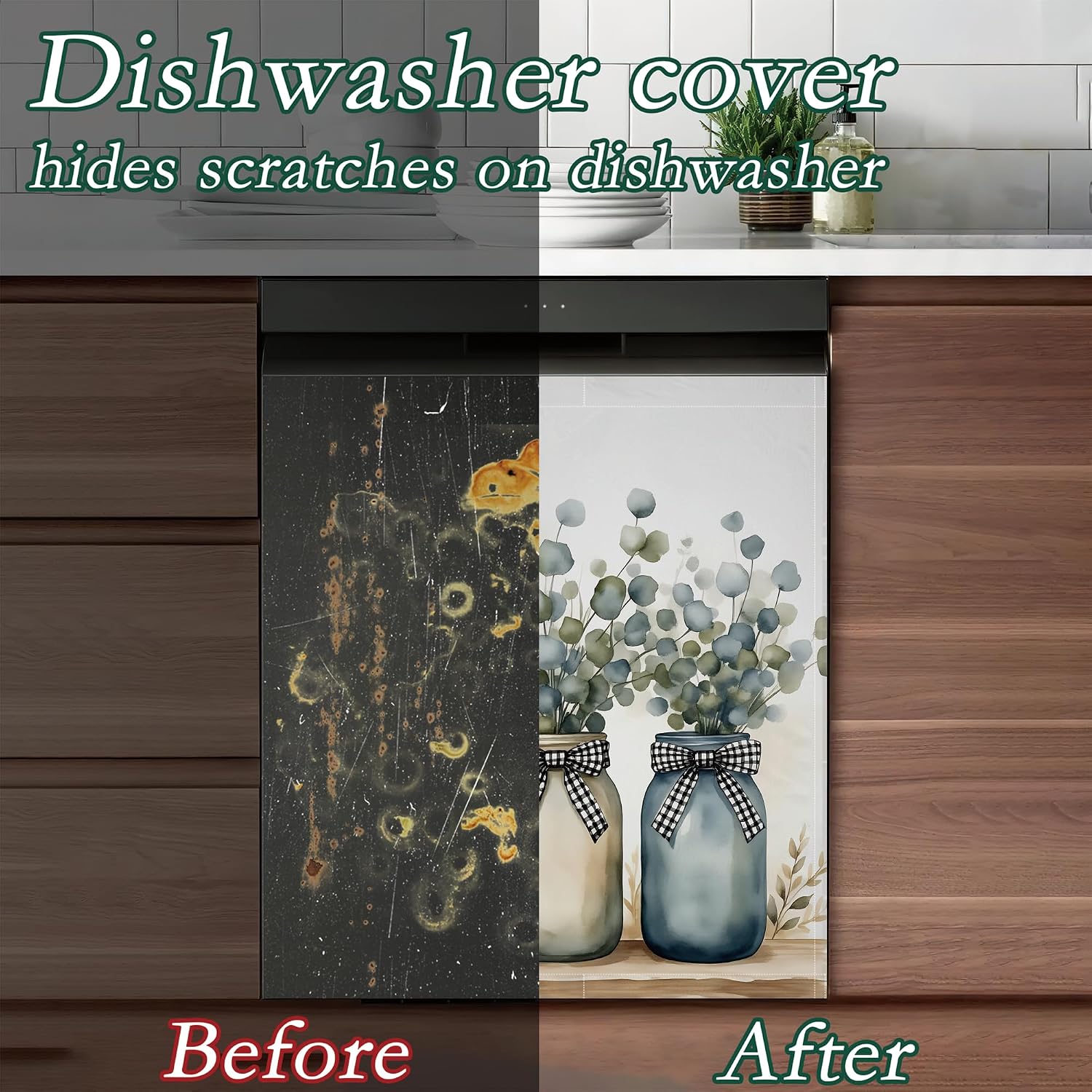 Eucalyptus Leaves Refrigerator Magnet Cover,Rustic Mason Jar Washable Dishwasher Magnets Decorative Cover,Home Kitchen Decorative Dishwasher Front Panel Cover 23x26 Inch image 5