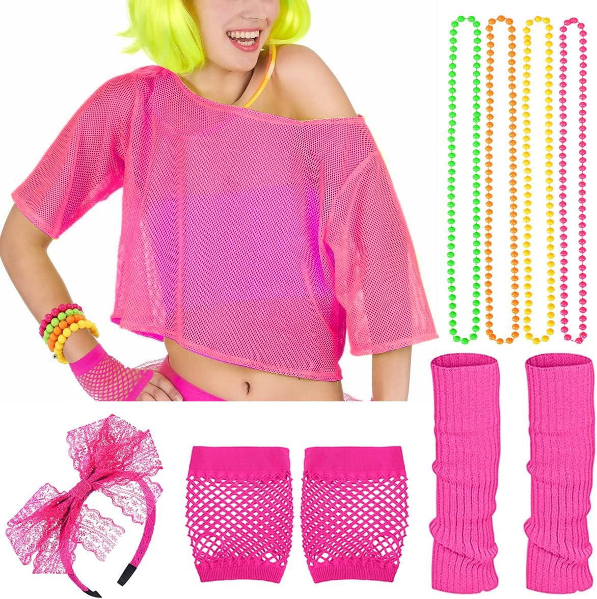 Neon Beinstulpen & Netzhandschuhe Set – 80er Jahre Karneval Kostüm Zubehör Fingerlose Handschuhe & Beinwärmer