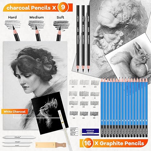 Miniatura 3 de Juego de 76 suministros de dibujo para artistas, adultos, adolescentes, niños, libro de bocetos, libro para colorear, grafito, carbón, acuarela,
