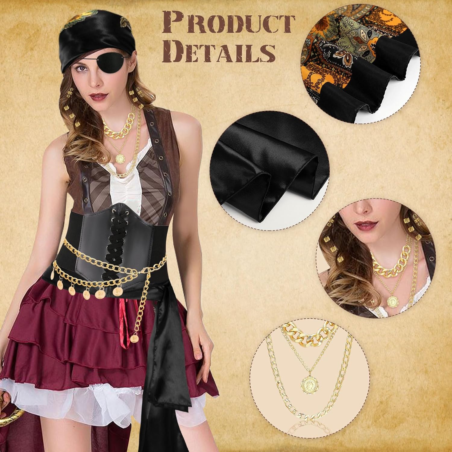 Vermeyen 8 Pcs Pirate Costume Accessories for Women with Head Scarf Wrap Pirate Corset Eye Patch Necklace Sash Chain Belt - Image 2