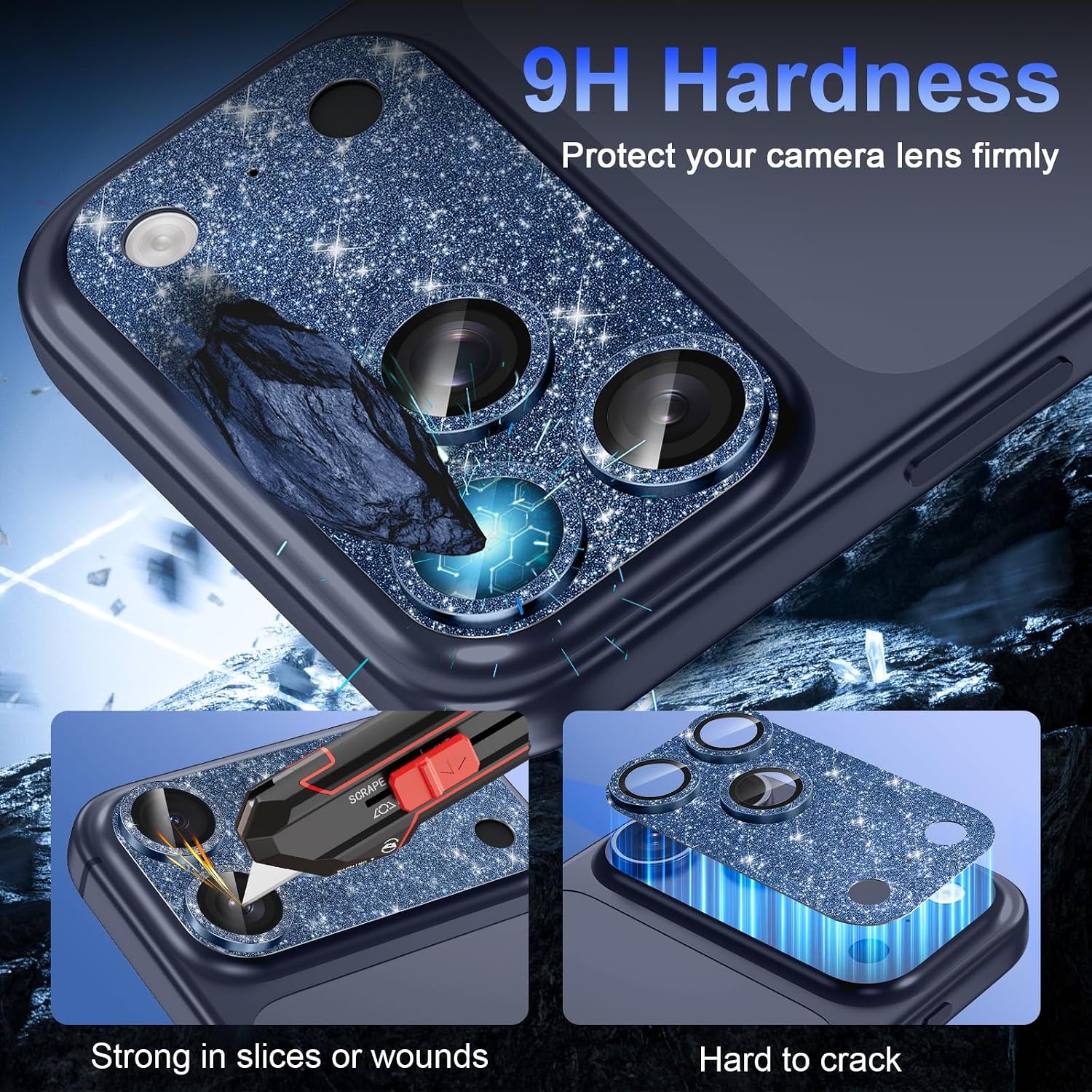 Casetego for iPhone 17 Pro Max Camera Lens Protector,[Upgraded Glitter Design],[Strong Adhesion],Completely Shiny 9H Tempered Glass Lens with Metal Accessories Camera Protection for Women,Shiny Blue image 3
