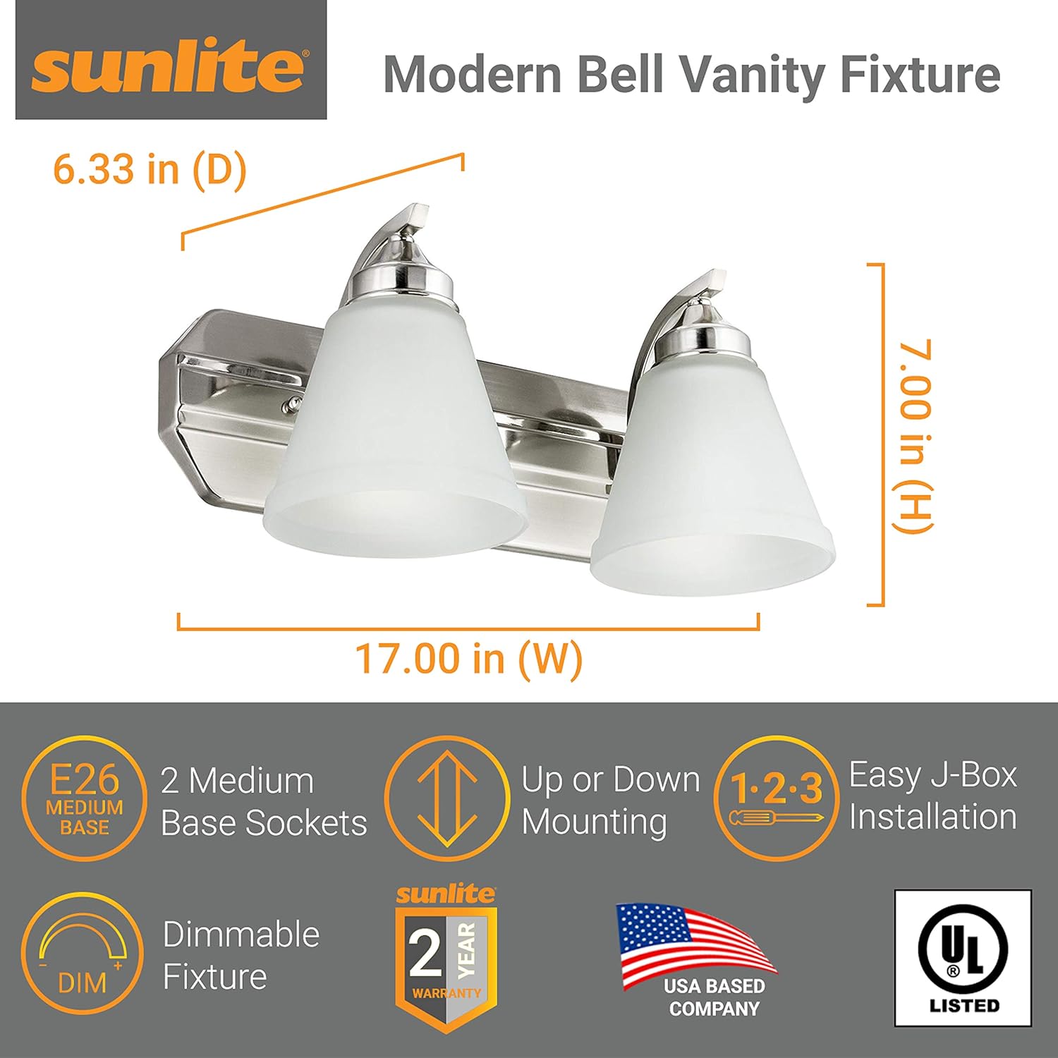 Sunlite 45056 17-Inch Modern Incandescent Vanity Bell Shaped Light Fixture, Max 100 Wattage, 120 Volts, 2 Medium E26 Base Sockets (A19), Frosted Glass, UL Listed, Brushed Nickel Finish