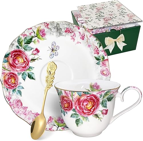 Tazas de té y platillos, juego de tazas de café de porcelana floral de hueso de 7.5 onzas con cuchara, tazas de té de jardín vintage con borde