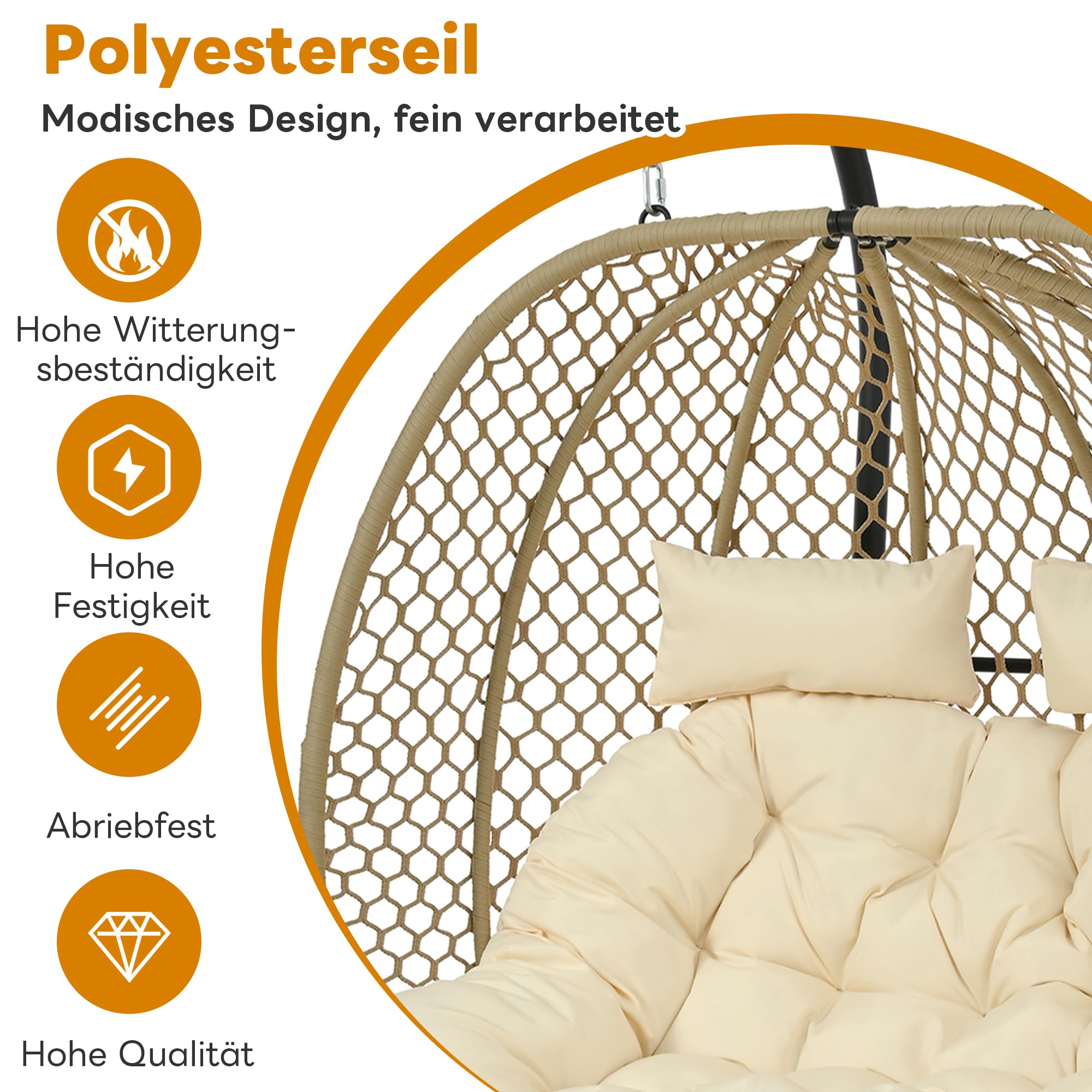 Doppia sedia a dondolo a forma di uovo, poltrona sospesa con supporto, poggiapiedi e cuscino, per interni ed esterni, portata fino a 150 kg (beige)