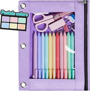 Forvencer Pencil Pouch for 3 Ring Binder, Pastels Pencil Case with Smooth Zipper, Cute Soft Pen Bag with Clear Window & 3 Reinforced Grommets, Big Capacity Binder Bag, School Office Supplies, Purple