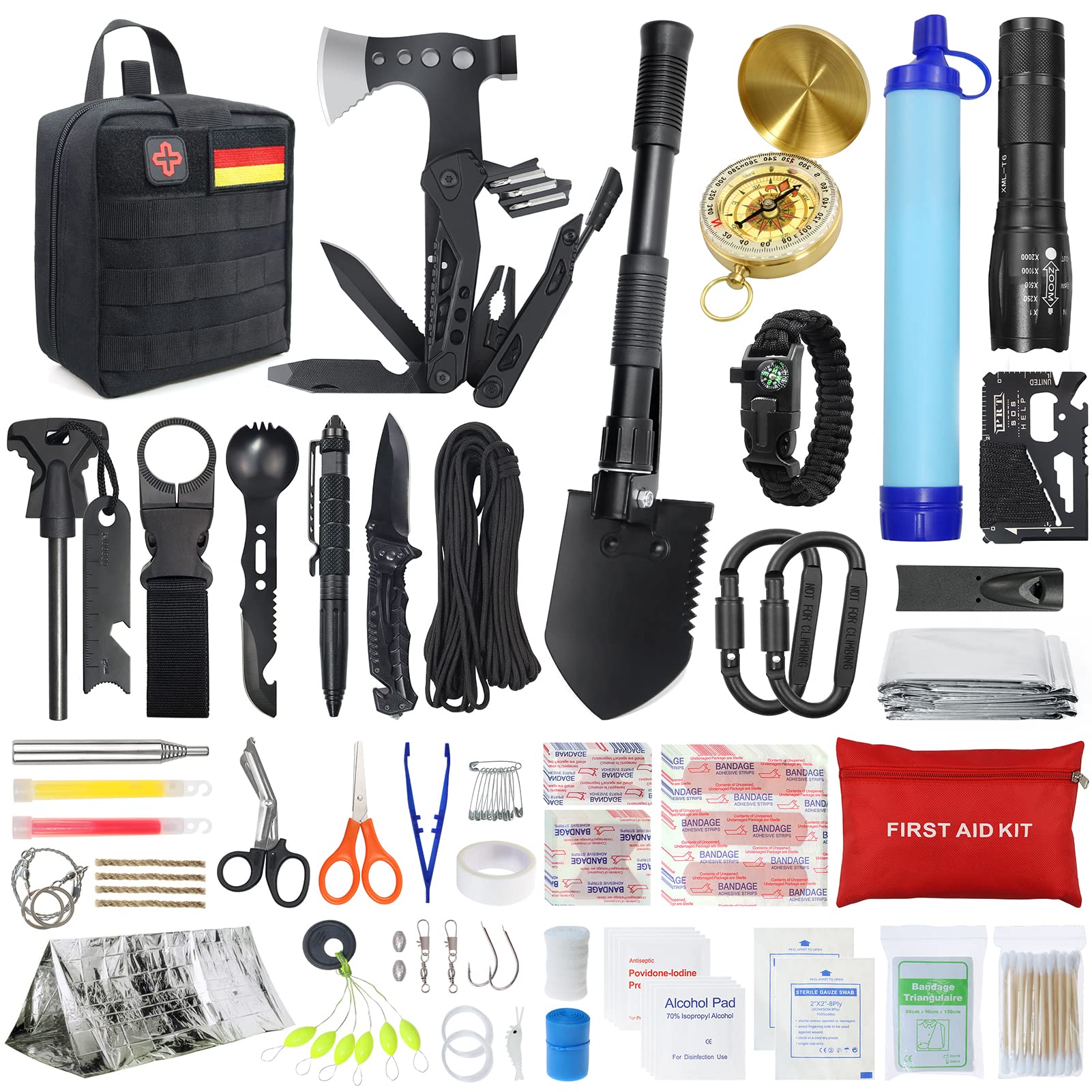Kit de supervivencia para camping/aventura con botiquín de primeros auxilios, 180 piezas, con filtro de agua, pajita, hacha de martillo multifuncional, regalo para hombre