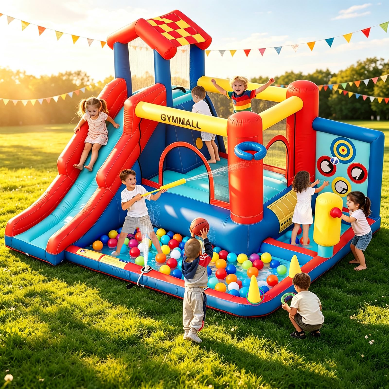Château Gonflable pour Enfants – Équipement de Jeu Multifonction 8 en 1 avec Toboggan, Mur d’Escalade, Trampoline et Ventilateur 370W, conçu pour Intérieur et Extérieur