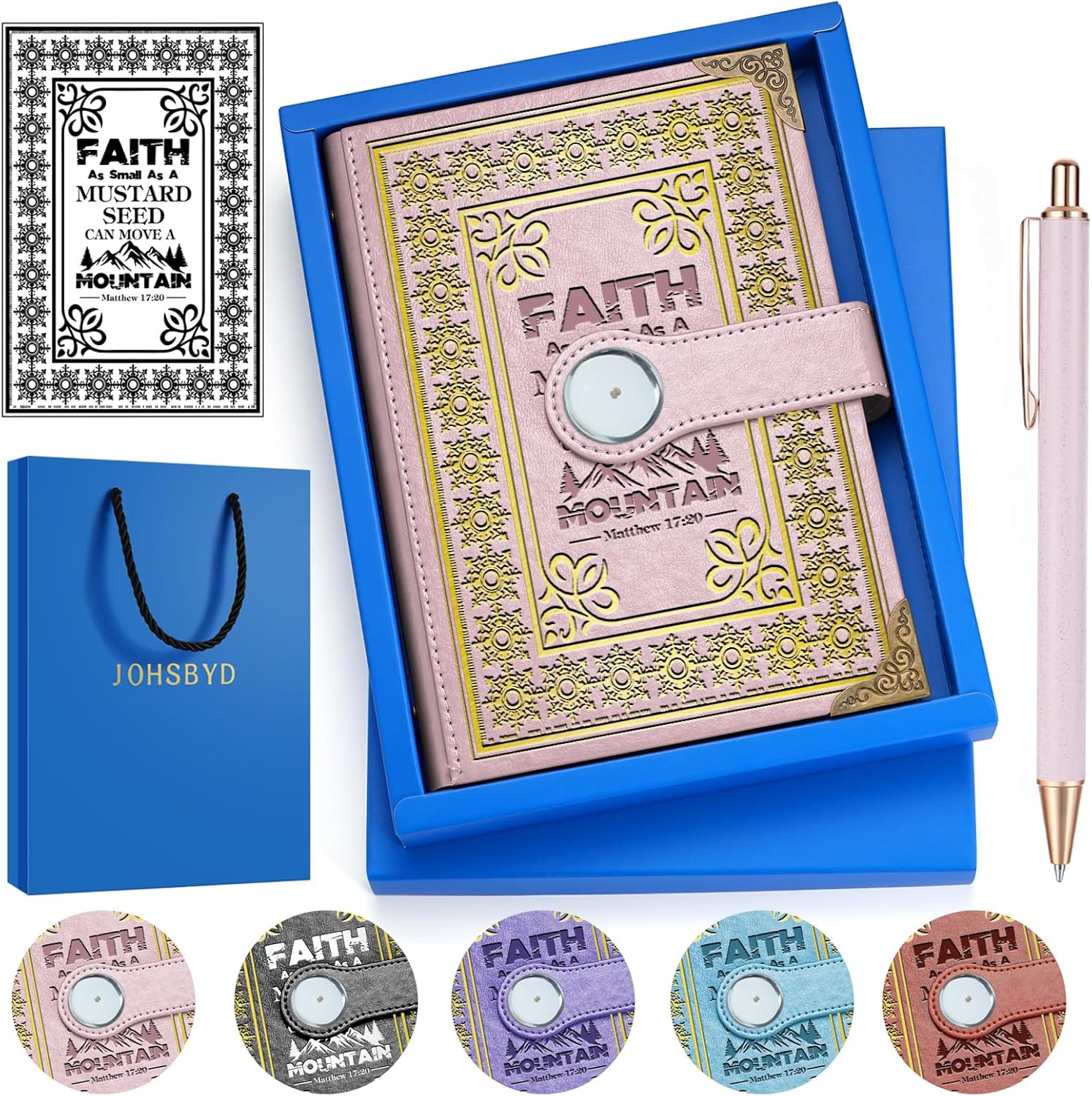 Pink A5 Mustard Seed Faux Leather Vintage Notebook Faith Can Move Mountain Matthew 17:20 Hardcover Executive Notebooks,320 Pages Thick Ruled Paper With Pen,Mustard Seed Faith Gifts Bible Verse Religious Gift (Faith Pink)