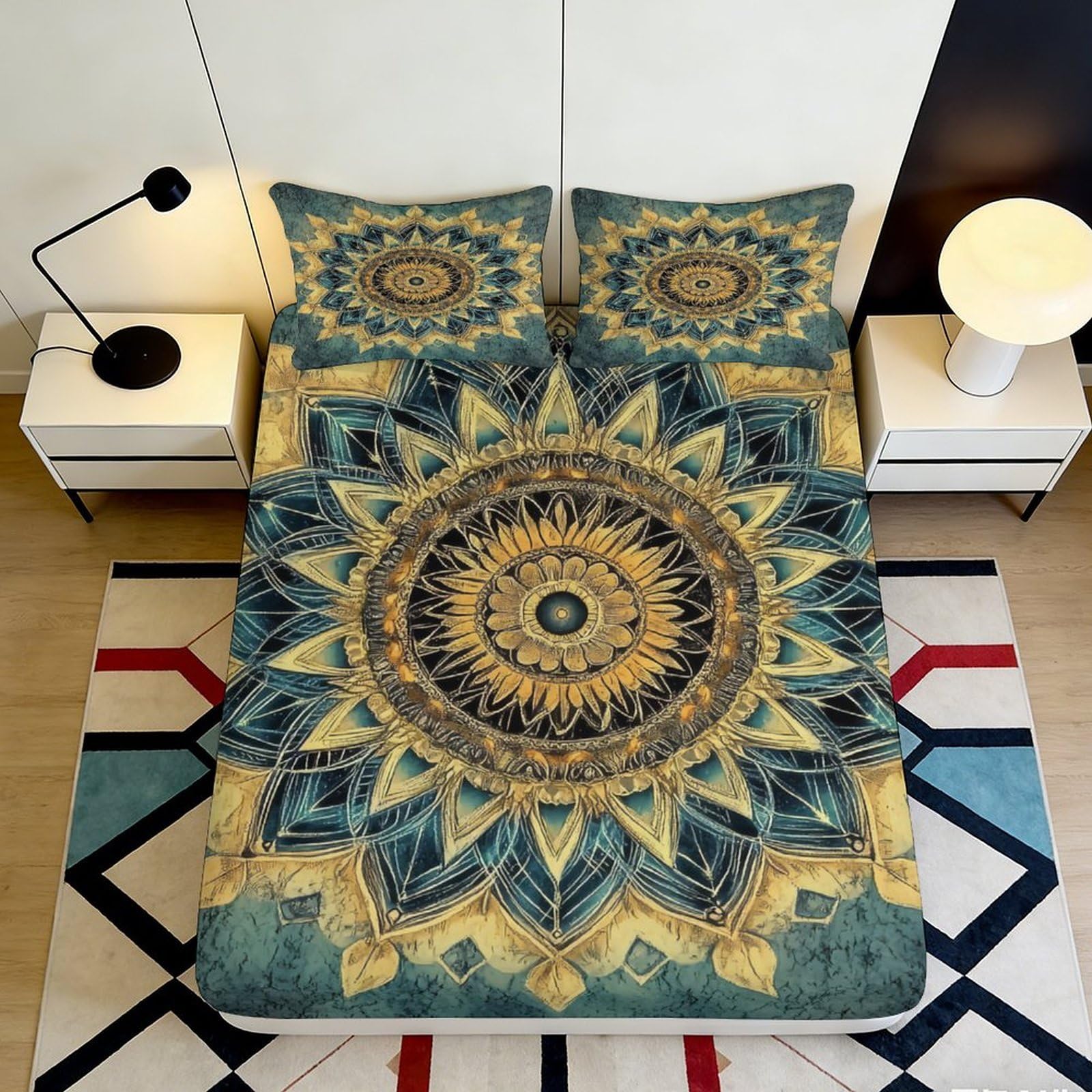 Pnayamiorkfel Style-5 3D Printed Mandala Sunflower Fitted Sheet Microfiber Non-Slip Bed Cover For Bedroom Guest Room Easy Care Decor 90X200x25cm