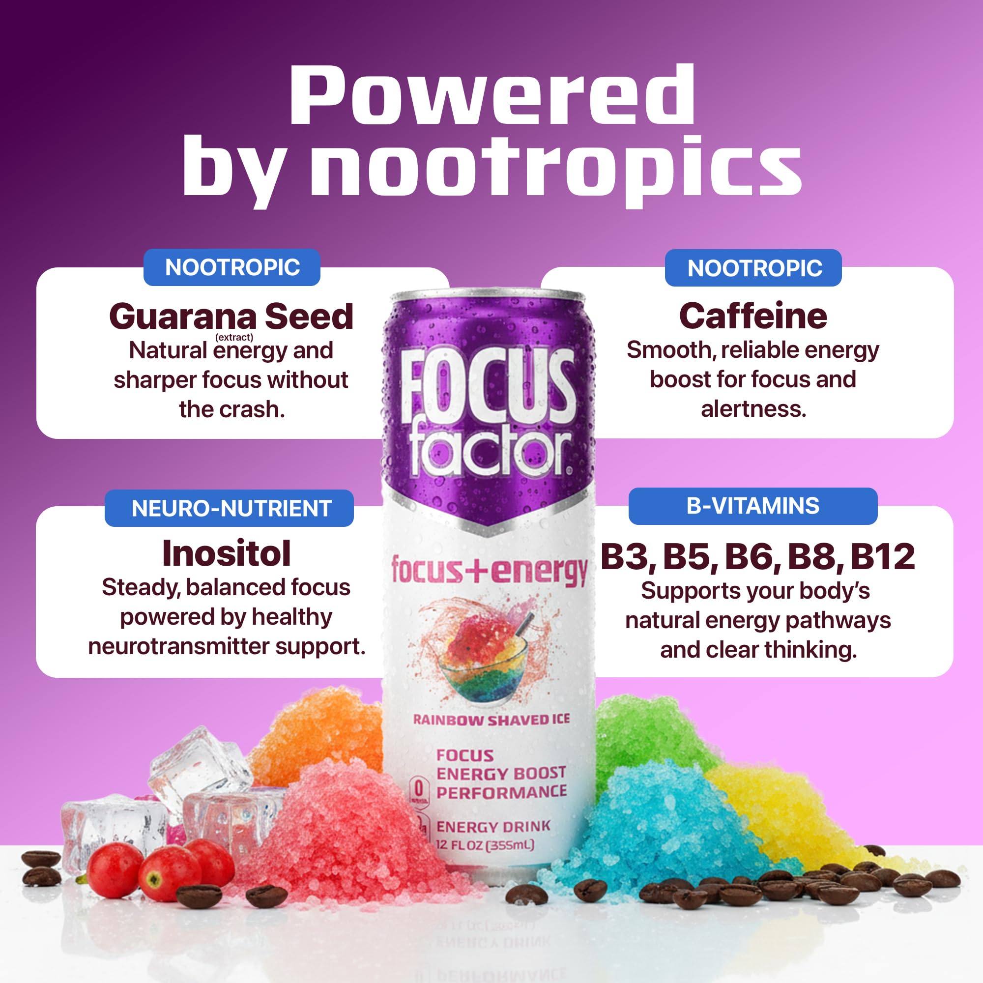 Focus Factor Energy Drink - 12 x 355ml Cans (Rainbow Shaved Ice Flavor) - with Focus + Energy - Lightly Carbonated, Sugar Free, Low Calorie with Vitamin B6 & Vitamin B12