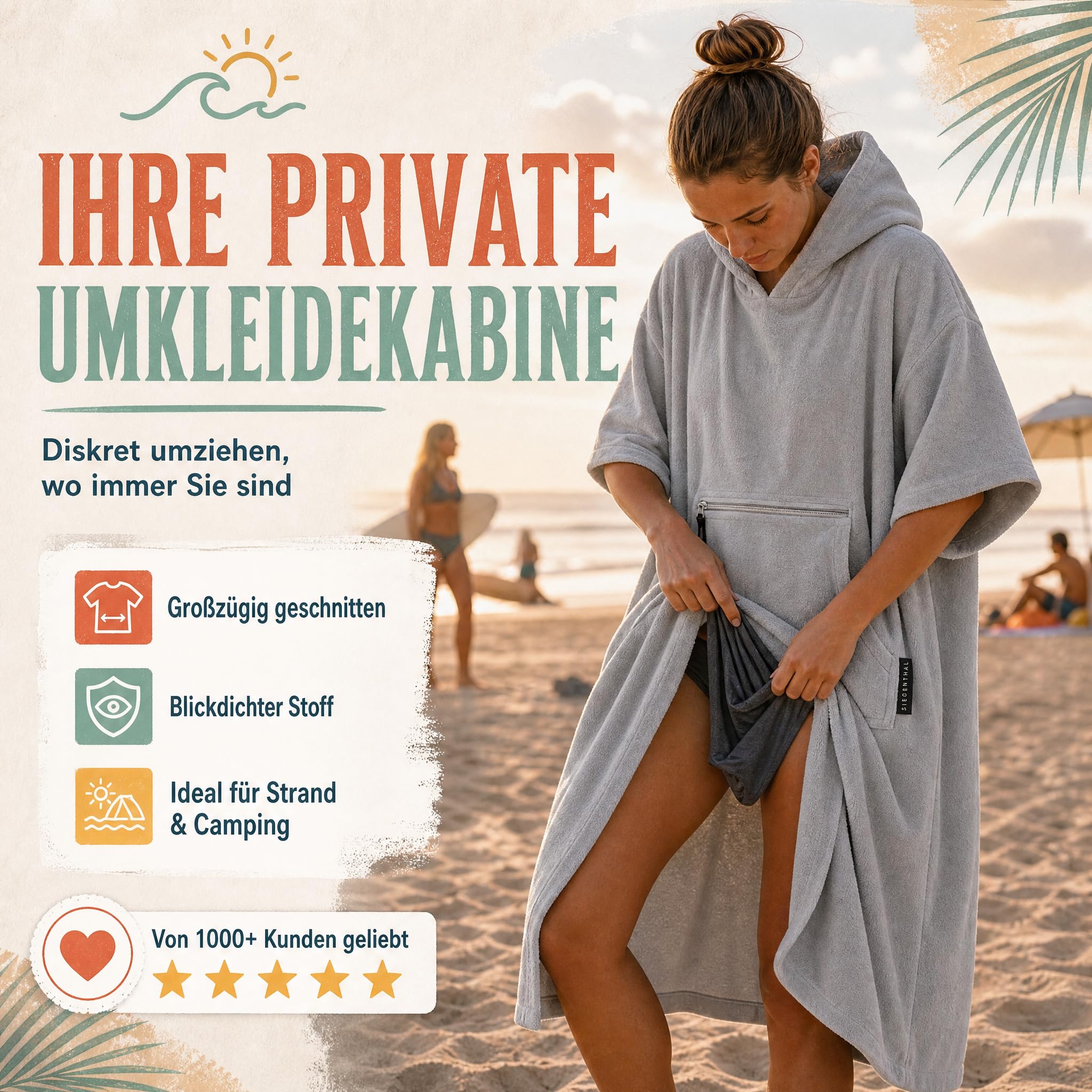 Strandponcho für Damen, Herren & Kinder – Badeponcho aus 100% Baumwolle, Surfponcho zum Umziehen mit Kapuze & Tasche für Strand, Sauna & Pool, Hellgrau, S/M