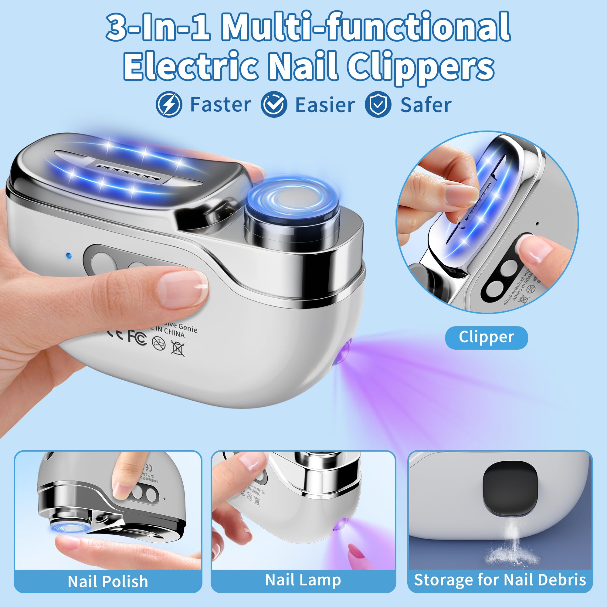 Elektrischer Nagelknipser - 3 Gänge Automatischer Nageltrimmer Mit LED-Licht/Auffangbehälter/Gel-Nagellampe–Elektrische Nagelfeile für Senioren/Erwachsene/Kinder/Babys Finger-und Fußnägel Nagelknipser