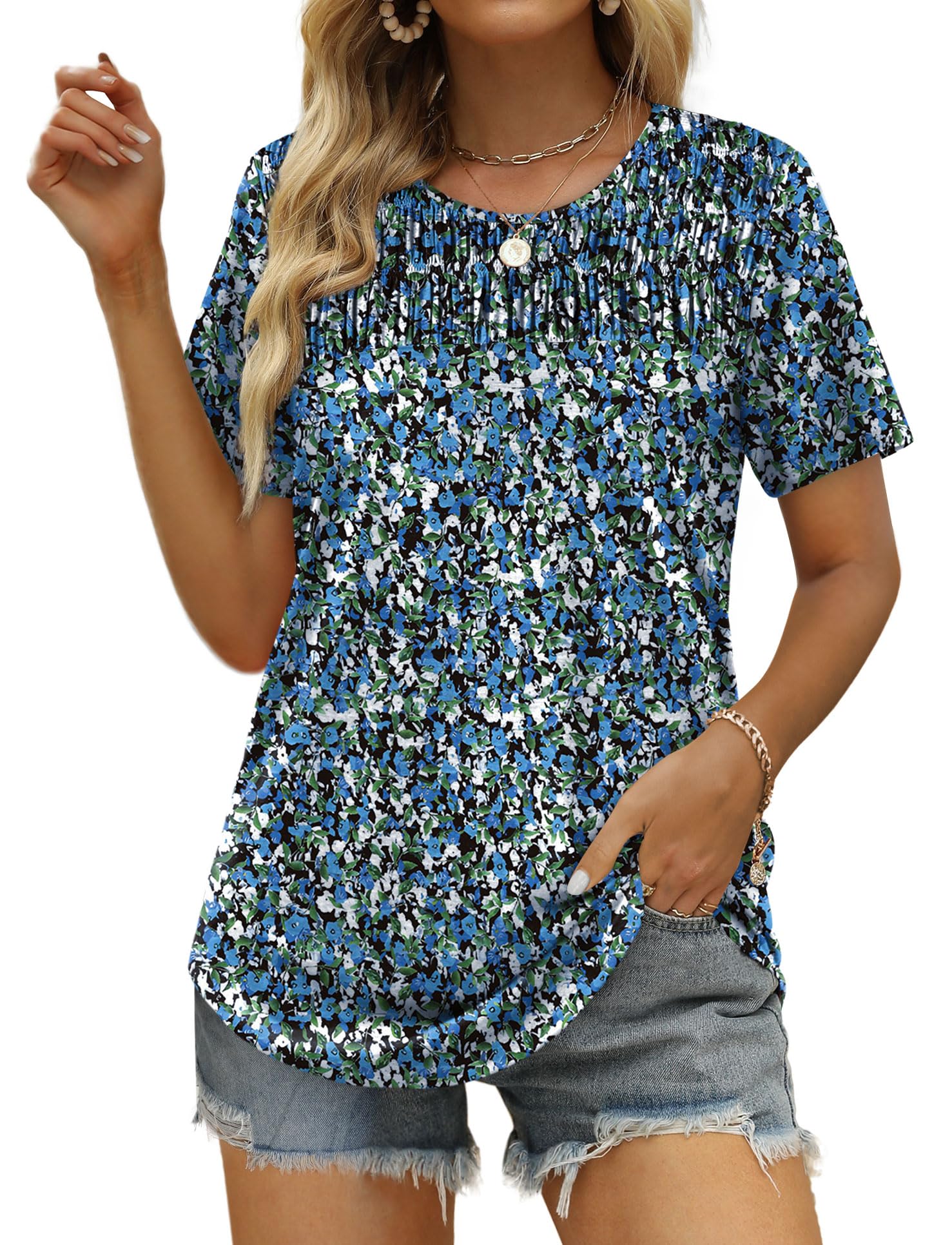 OFEEFAN Top estivi da donna 2025 Magliette a maniche corte alla moda T-shirt girocollo con punto smock