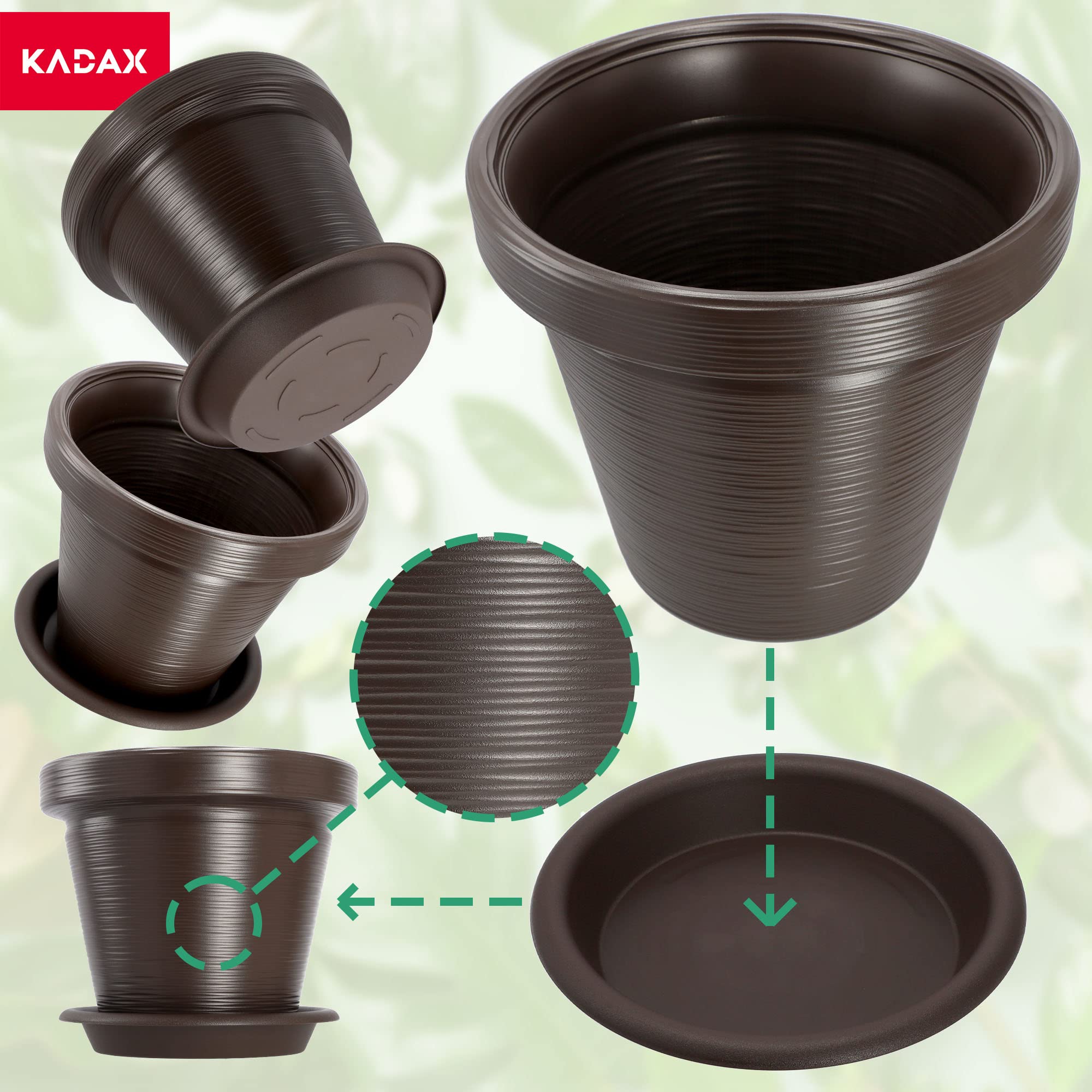 KADAX Pot de Fleurs en Plastique, 4 Couleurs, Pot de Plantes avec Soucoupe, Pot de Plantes, Pot de Plantes avec Motif incisé, Pot de Fleurs en Plastique, Pot de Fleurs Rond (∅ 55 cm, Marron foncé)