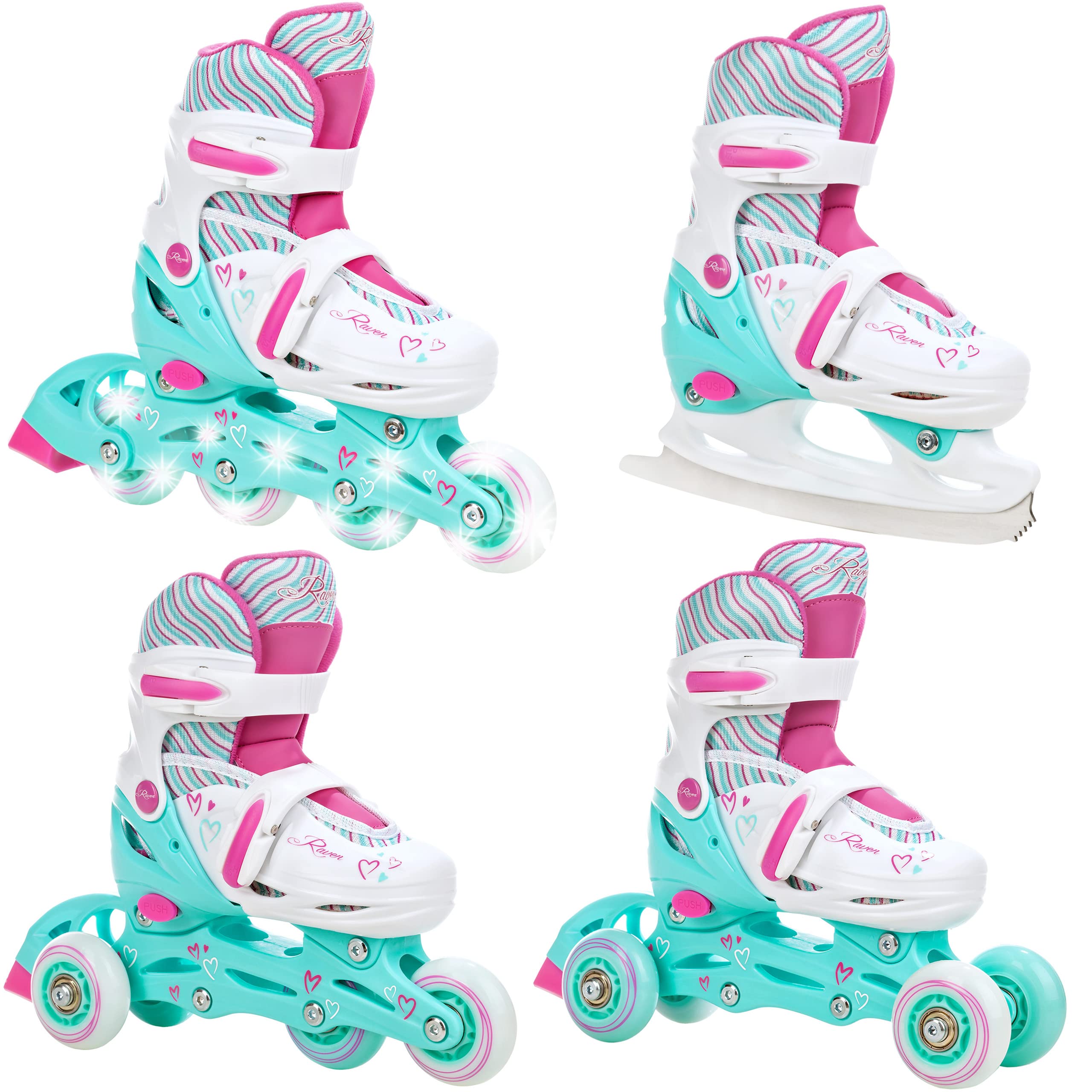 Raven - Roller en Ligne Loret Roues LED du 27 au 30 + Patin à Roulette + Patin à Glace + triskate Enfant Mixte Taille Ajustable Menthe/Rose Raven