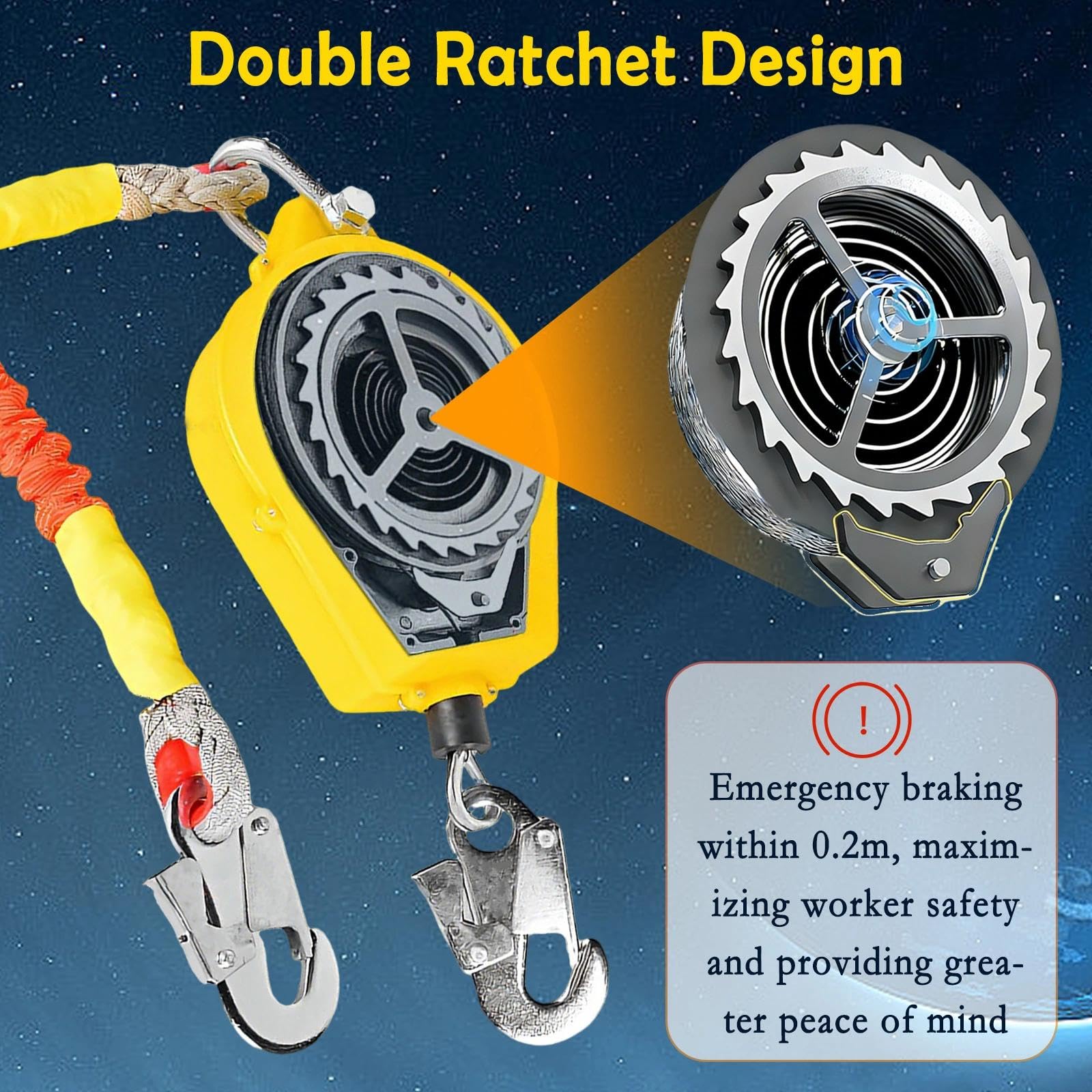 Harnais Sécurité Antichute Rétractable 10/15/20m, Charge utile 150 kg | Dispositif Antichute Robuste, Câble Acier Résistant, Rotation 360° pour Crochet Autobloquant, Adapté Toiture et Échafaudage