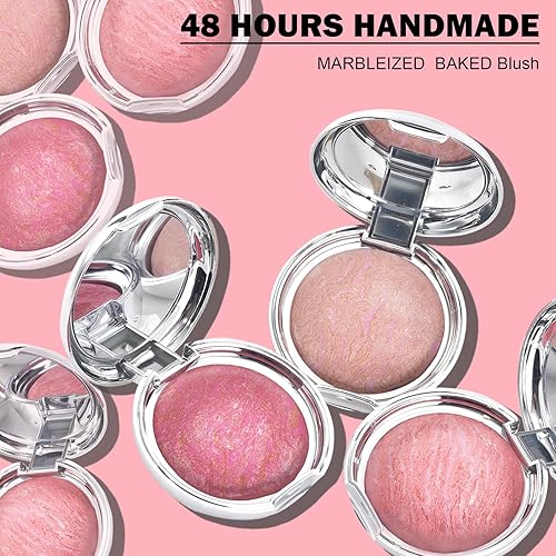 Baked Blush Marbleized Powder Blush for Cheeks, Creamy Lightweight Natural Finish, Infused with Vitamin E, Vegan & Cruelty Free, Talc Free - #002 CREAM ROSES(#001 FANTASY PRINCESS,0.32 Ounce (Pack of 1))
