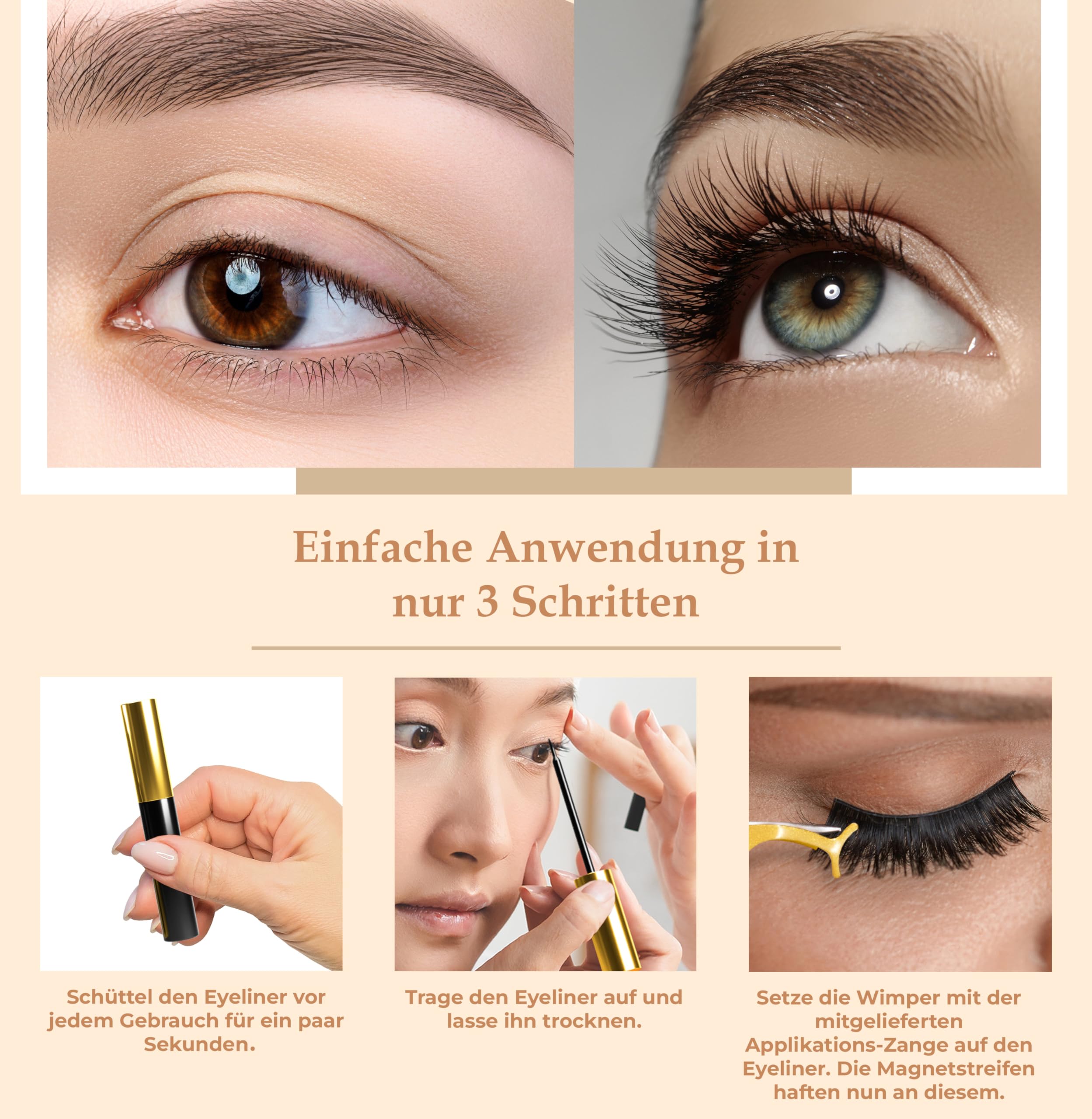 Magnetische Wimpern mit Eyeliner, Set 5 Paar 3D Effekt natürlich aussehende Wimpern, 2 Tuben Eyeliner und eine Zange, Magnet Wimpern wiederverwendbar, handgemacht (Packung mit 2)