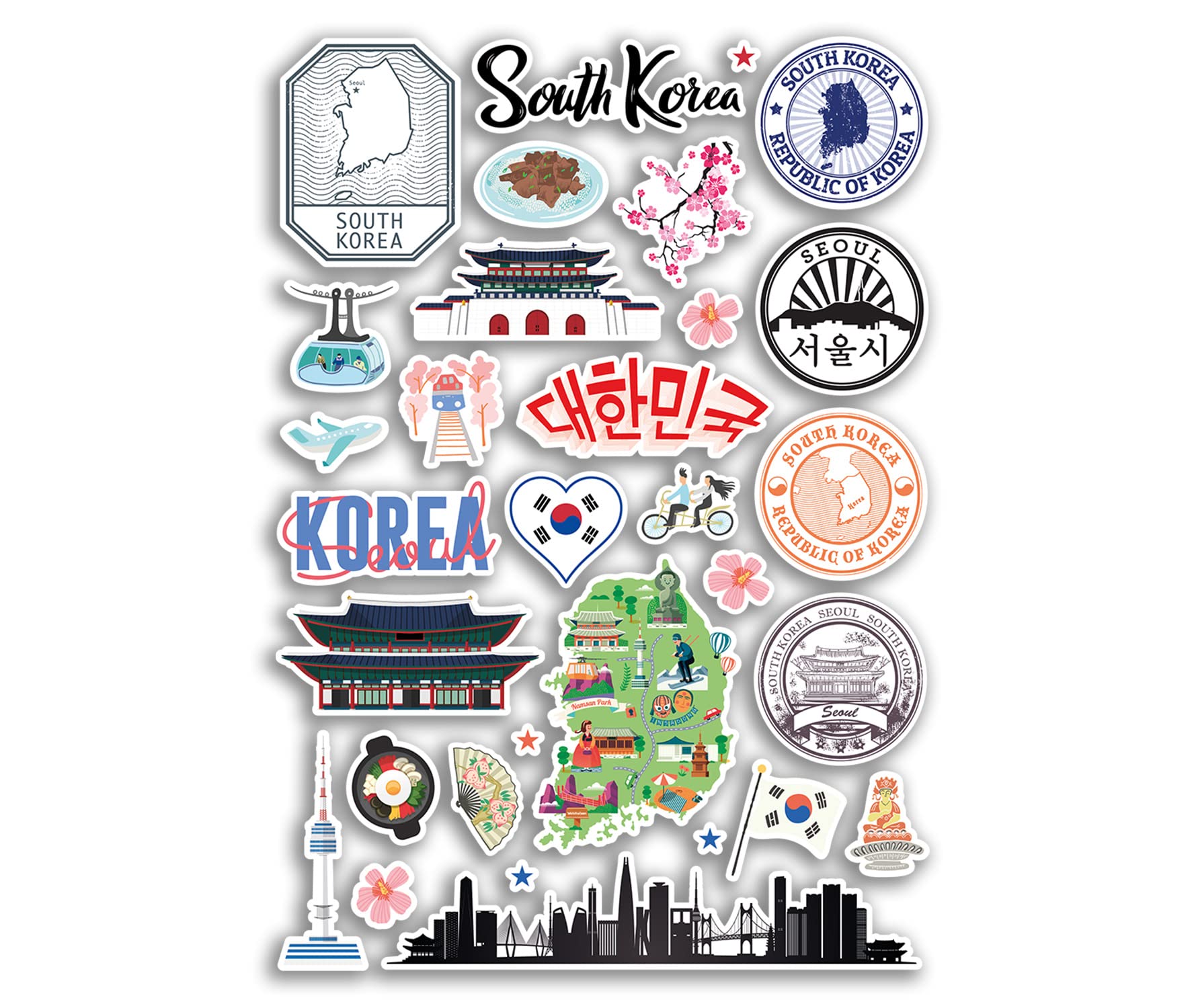 A4 Sticker Sheet South Korea Landmarks Vinyl Stickers - Korean City Map Airport Stamp Skyline Flag Travel Holiday Culture Aesthetic #79991