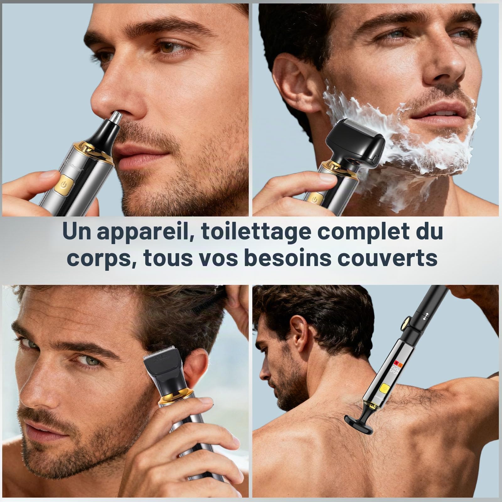 Hatteker Rasoir Tondeuse électrique pour le dos et le corps, kit 4 en 1 avec bras auxiliaire extensible étanche pour le visage, le menton, le bras, le dos, le pubis