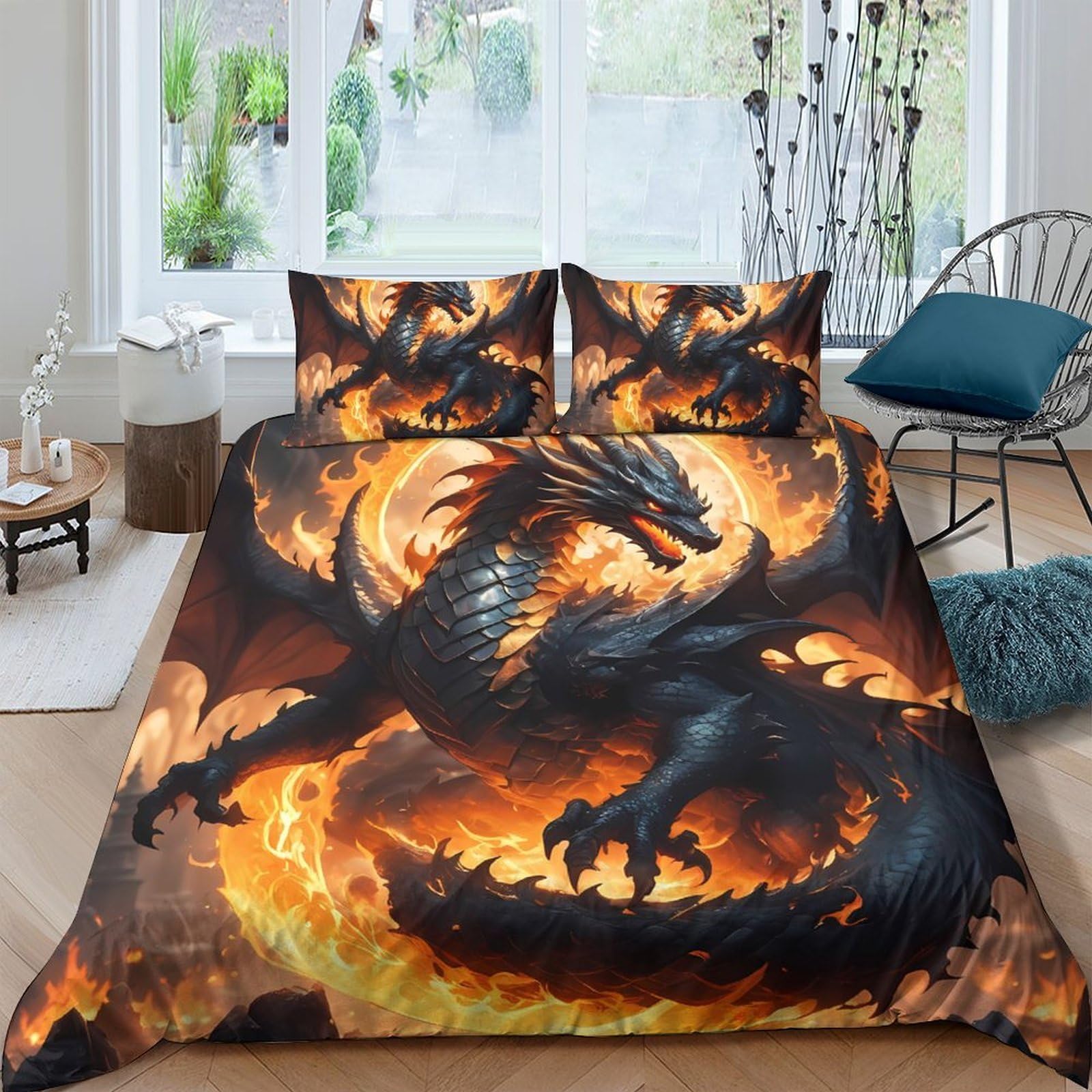 Ctjqhvkz Style-10 3D Printed Fiery Dragon Fitted Sheet Microfiber Soft Breathable Black Orange Flame Bed Cover For Bedroom Dorm Decor Single（135X200cm）