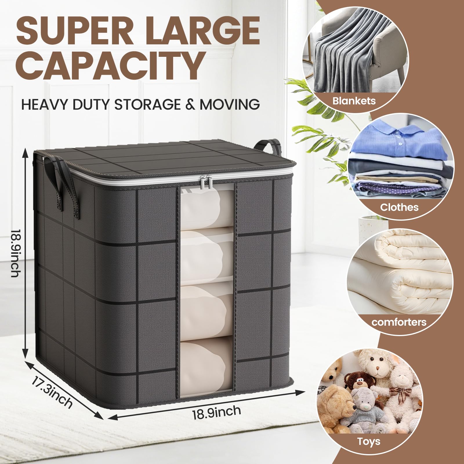 3 Pack 100 L Clothes Storage Bags, Collapsible Closet Organizers, Large Storage Bins with Reinforced Handles, Heavy-Duty Storage Totes for Clothes, Comforters, Blankets & Pillows (Black)