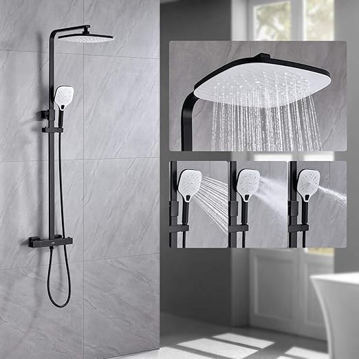 Auralum Columna de ducha Negra Termostática 38°C, Set de ducha con grifo, Sistema de ducha con 25 * 20 CM Alcachofa Ducha Lluvia y 3 Funciones Ducha ...