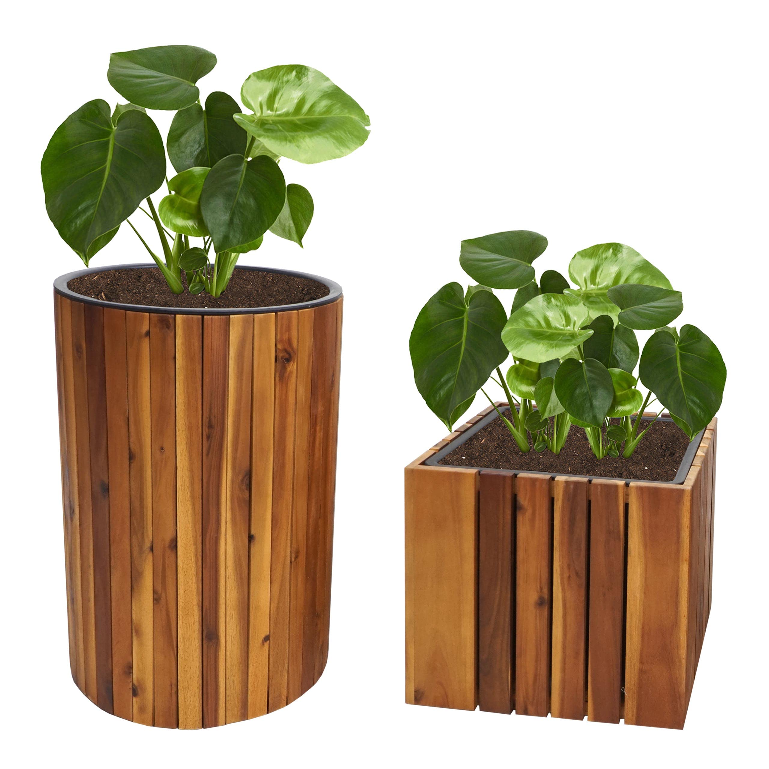 Mendler Jardinière Ronde 50x34cm Bois D'Acacia Certifié - Avec Insert Amovible Pour Intérieur Et Extérieur, Marron