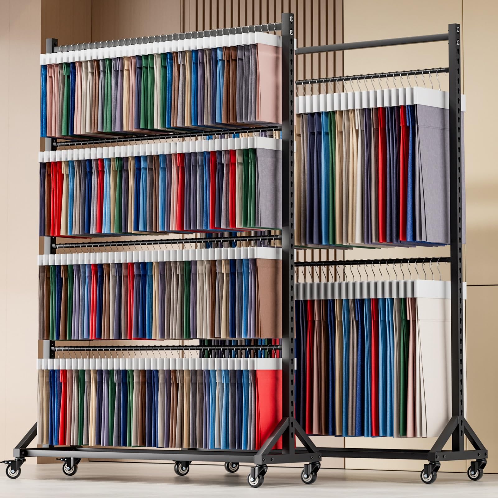 Generico Appendiabiti in Acciaio Resistente per Sciarpe, espositore Mobile per Coperte, trapunte, Asciugamani e tappetini, Organizer Commerciale con 2 aste (158x45x205 cm)