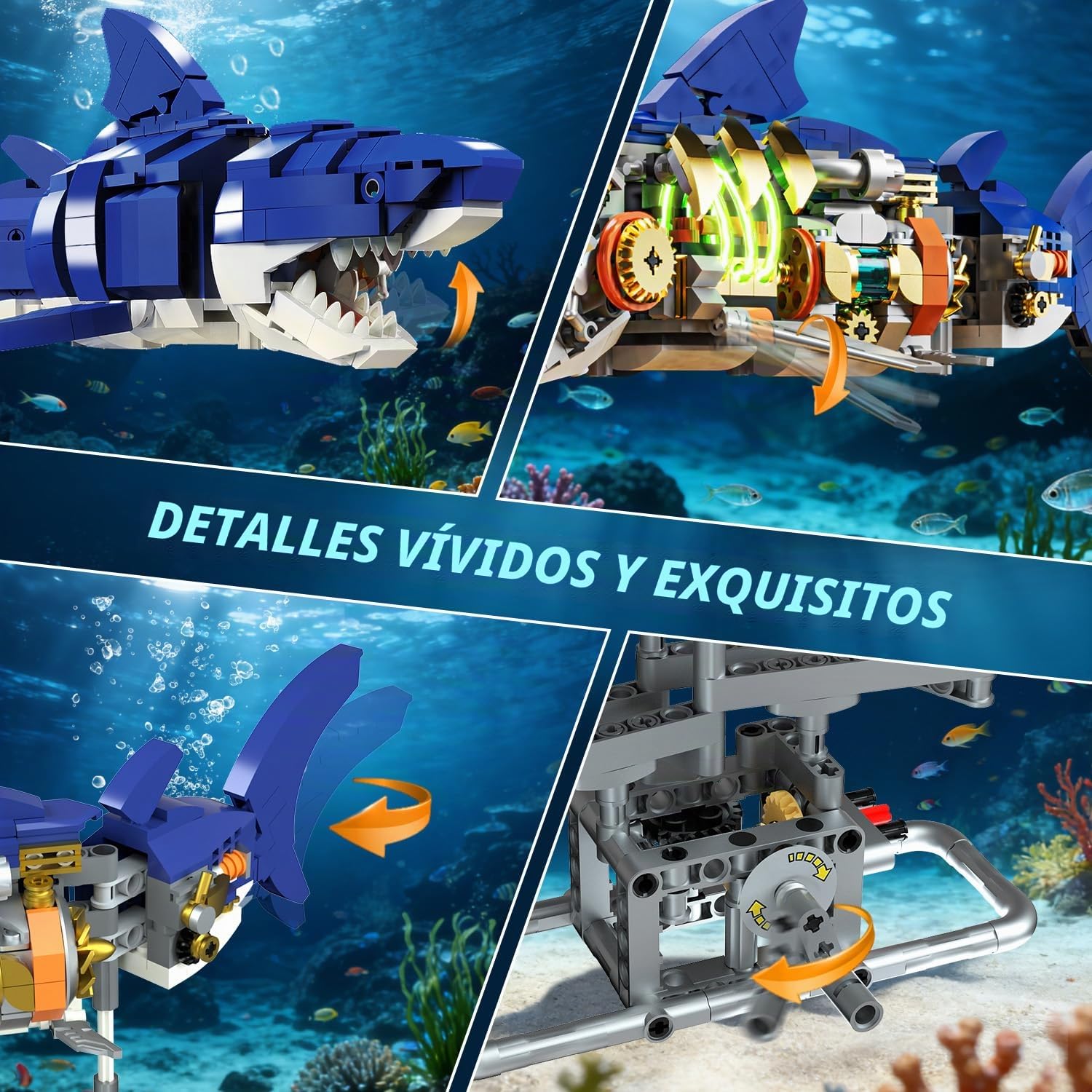 INSOON Juego de construcción de tiburón mecánico con luz LED, 687 Piezas de Animales oceánicos móviles con Soporte de exhibición, Juguete de Bloque de construcción de Peces de mar, Regalo de