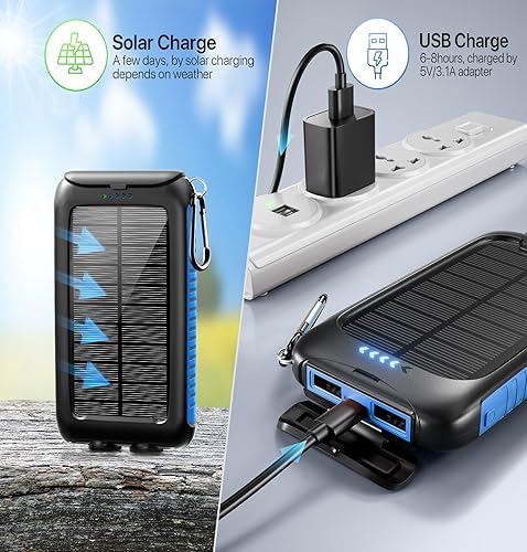 Miniatura 3 de Cargador solar, banco de energía solar portátil de 20000 mAh - IPX5 impermeable con panel solar integrado y linterna LED, cargador de teléfono solar
