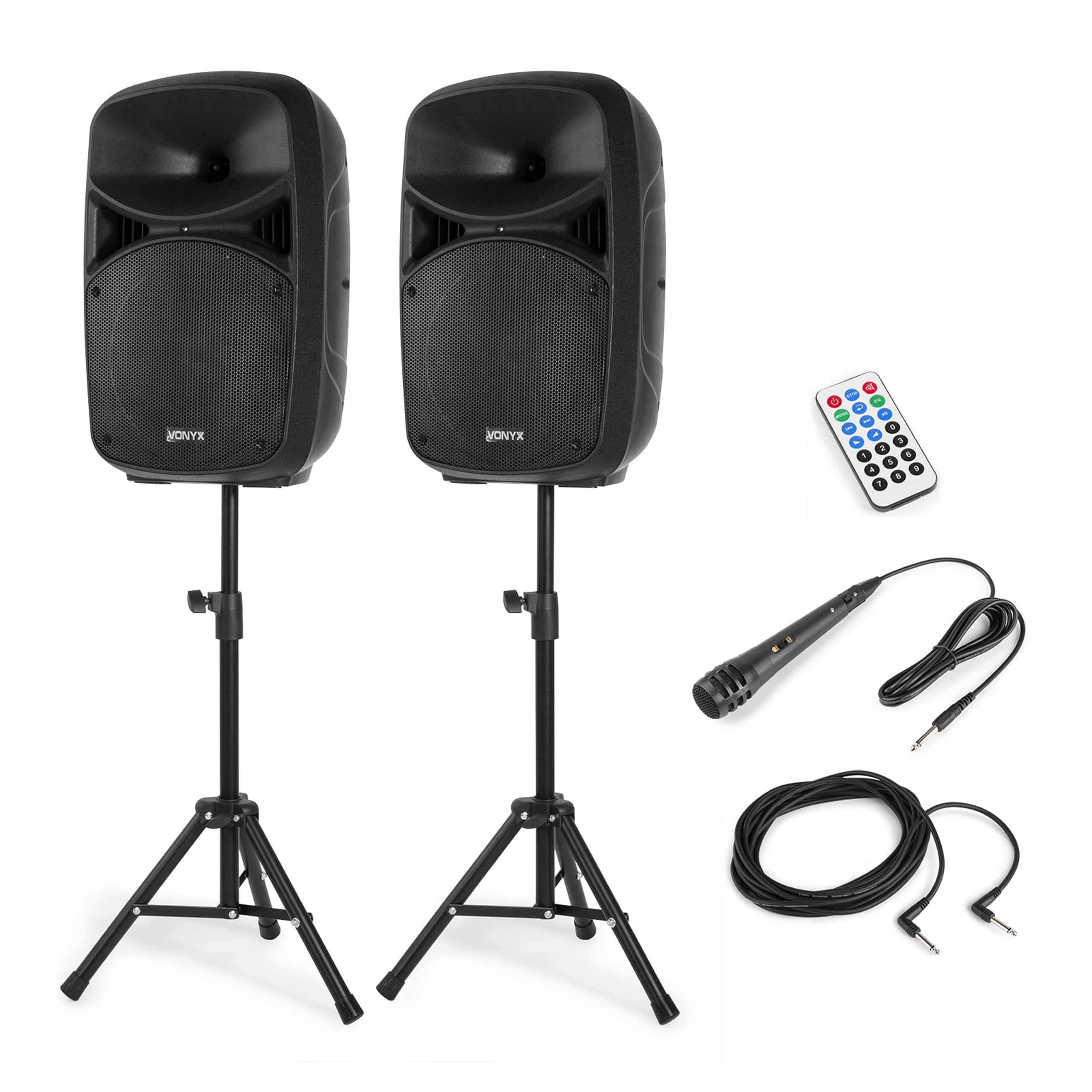 Vonyx VPS102A – Sistema de Sonido Activo 600W con 2 Altavoces 10”, Bluetooth, USB, SD, micrófono, Soportes y LED rítmicos, Altavoz Karaoke portátil Potente para Fiesta y DJ, Color Negro