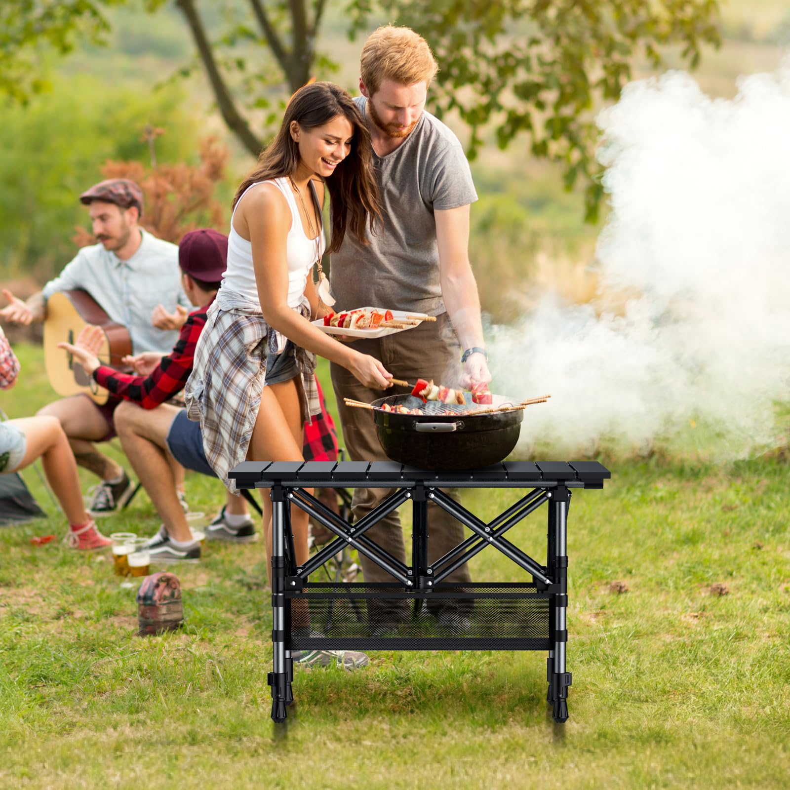 Anbte Table de Camping 64 cm Pliable, 2 Hauteurs Réglables, Aluminium avec Panier de Rangement et Sac, Étanche, Légère 64 x 40 cm, pour Barbecue, Pique-Nique, Voyage Extérieur, Noire