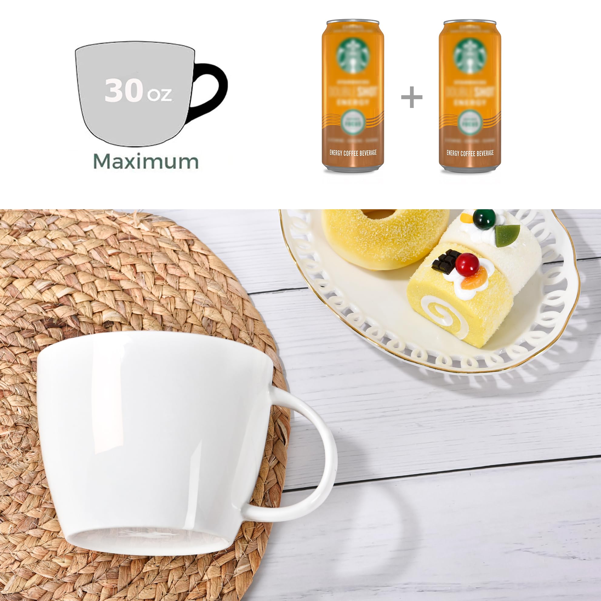 BTaT - Set di 6 tazze da caffè bianche, 350 ml, in porcellana bianca con finiture dorate, tazze per cioccolata calda, tazze in ceramica, grandi tazze per caffè, set di tazze per
