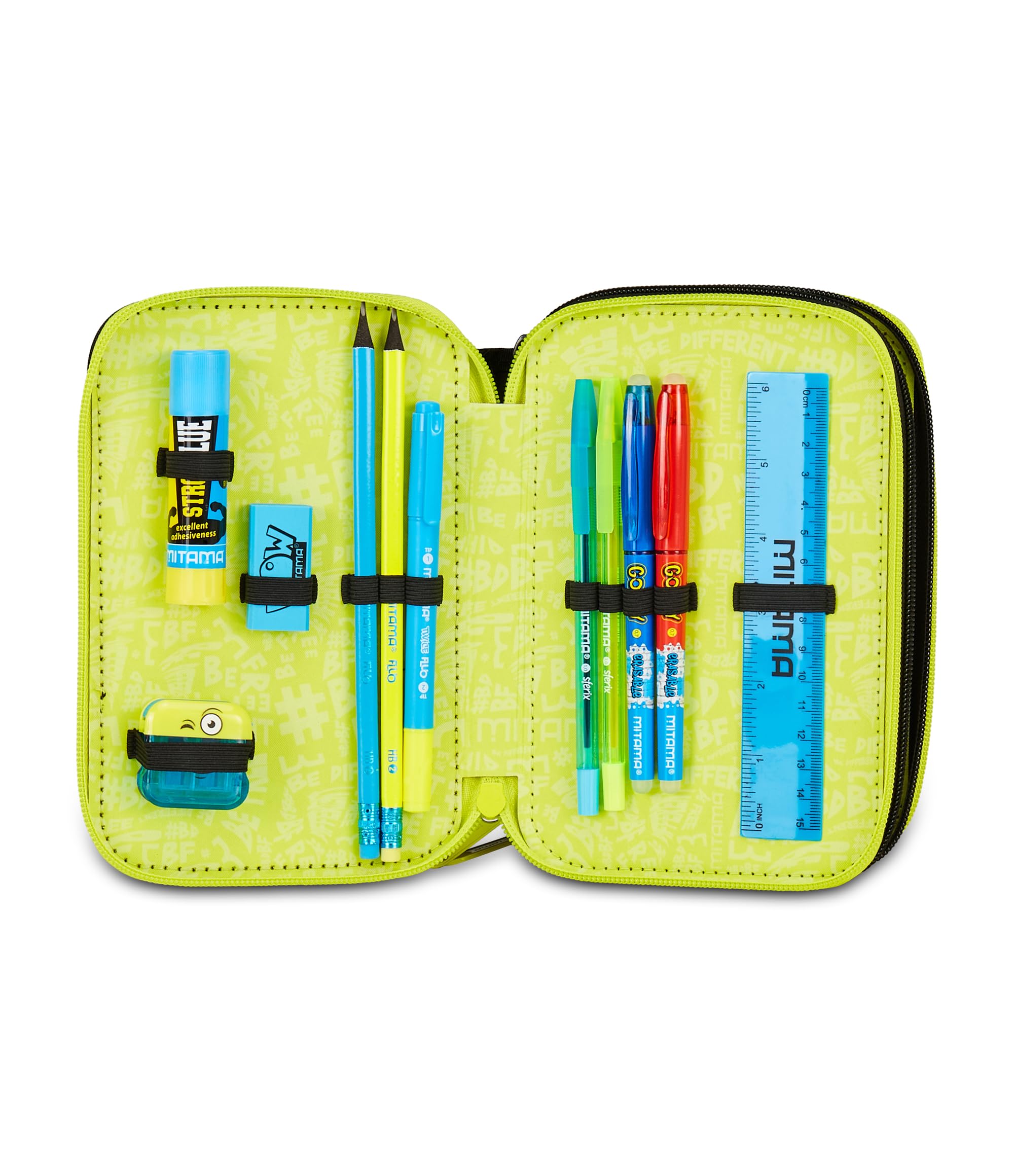Mitama Estuche Escolar con 3 Compartimentos, Triple mangaball, Contenido 47 Piezas, Completo de lápices, rotuladores, portalápices Escuela Primaria niño, Negro, Moderno