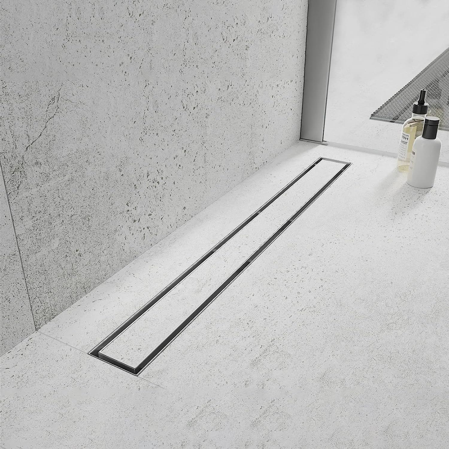 Linear Shower Drain, 18 inch Drain with Tile Insert 2-in-1 Panel, Brushed 304 Stainless Steel Shower Floor Drain, Linear Drain with Hair Strainer and Adjustable Feet