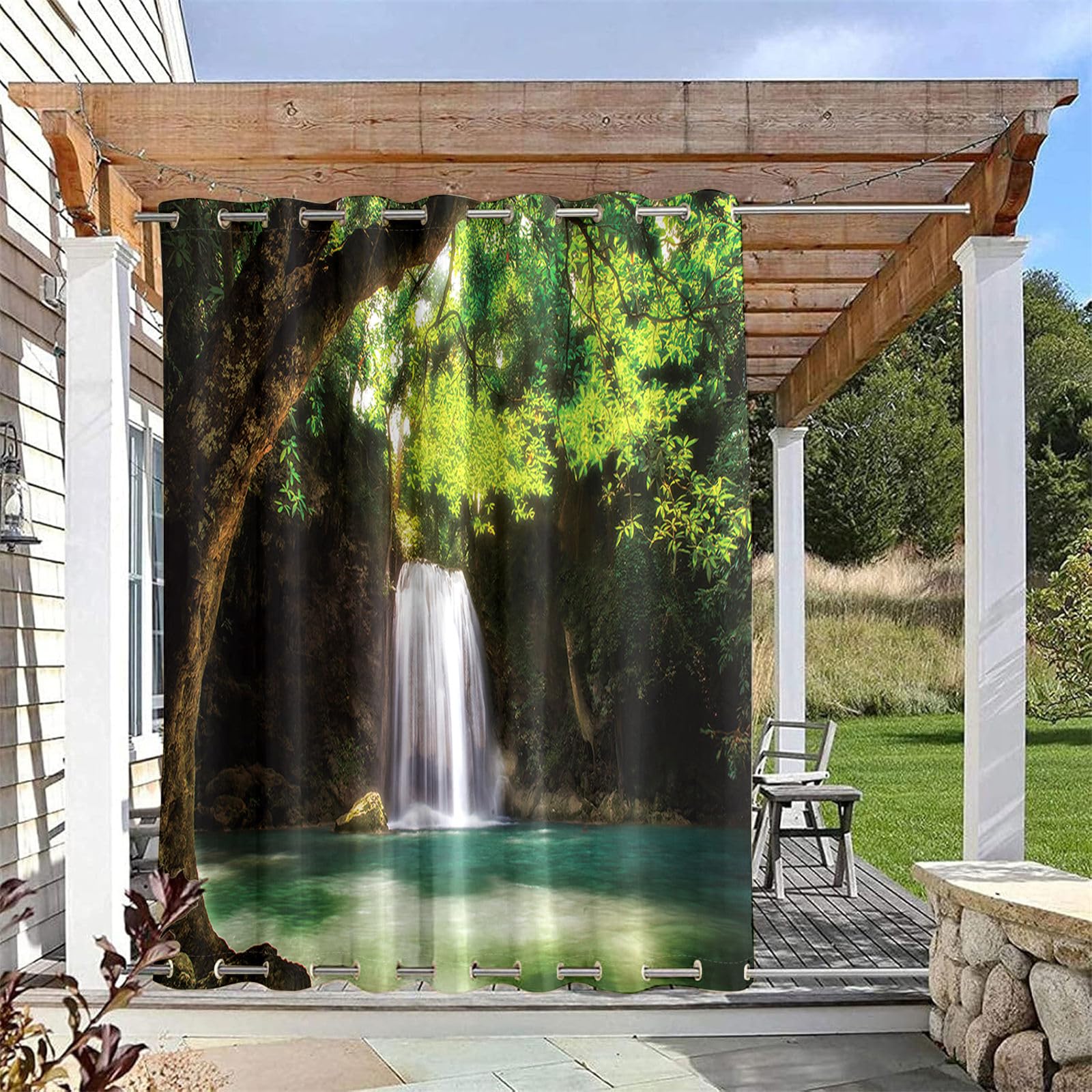 Hiseng Outdoor Vorhänge Wetterfest mit Ösen Oben und Unten, 3D Wasserfall Muster wasserdichte Outdoorvorhänge 1 Stück Verdunkelungsvorhang Sichtschutz Vorhang (Wasserfall 1,200x200cm)