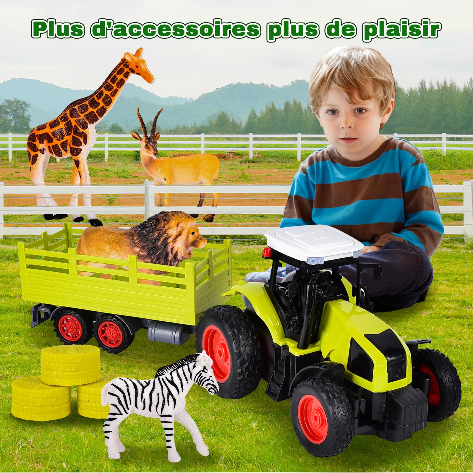 Aragallant RC Tracteur Télécommandé Enfant 3-6 Ans, Voiture Jouet Avec Remorque, 6 Faune et Botte de Foin - Cadeau de Noël Pour Enfants