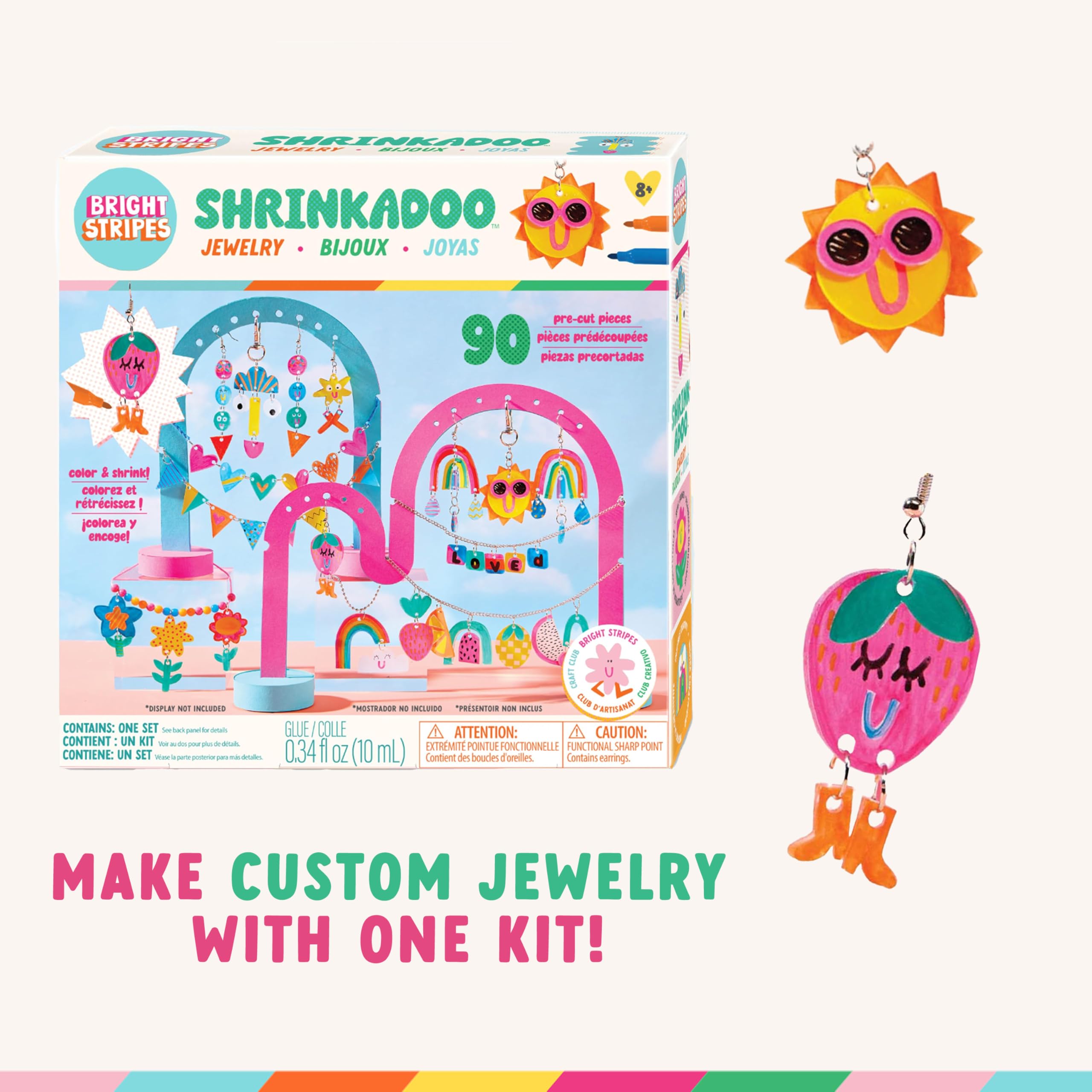Bright Stripes Shrinkadoo Schmuckherstellungs-Set für Kinder ab 8 Jahren, schrumpfendes Kunststoff-Schmuck-Set mit 90 vorgeschnittenen Teilen, Markern, Ketten und Fundstücken, lustiges kreatives