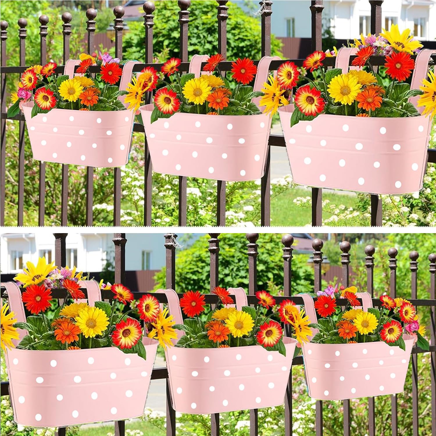 Lot de 4 pots de plantes en métal à suspendre avec trou de drainage, pot de plantes avec crochets doubles amovibles, pot ovale pour balcon de jardin, décoration (Rose)