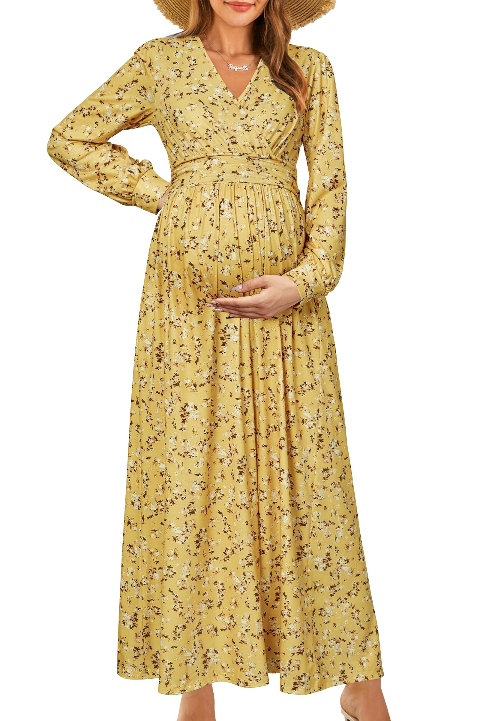 Photo 1 of OUGES Fall Maternity Maxi Dresses Long Sleeve Wrap V Neck Baby Shower Dress Maternity Clothes 2025(Yellow Flower,XL)