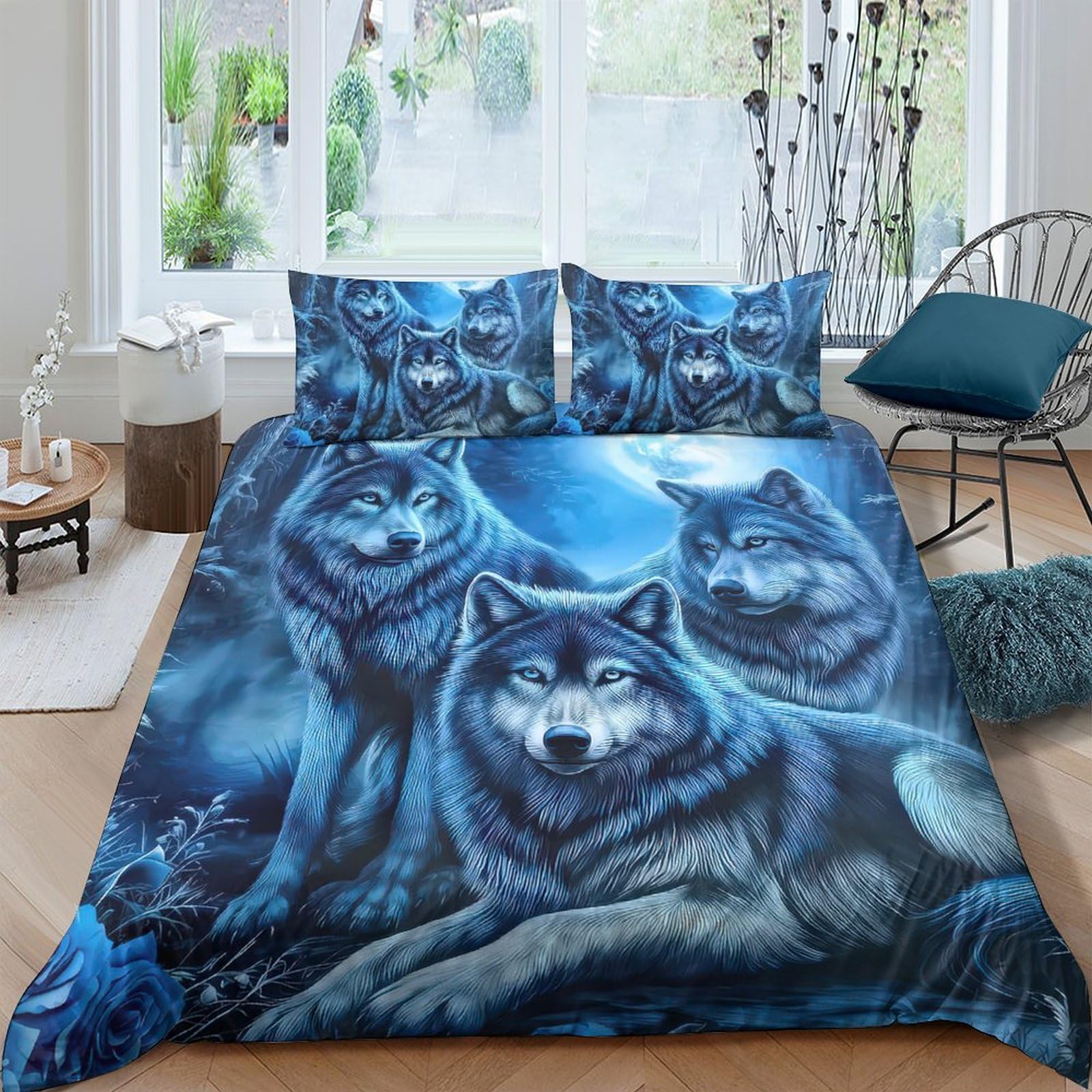 Ctjqhvkz Style-4 3D Printed Blue Moon Wolf Fitted Sheet Microfiber Soft Bedroom Decor Wild Forest Mattress Cover For Home Single（135X200cm）