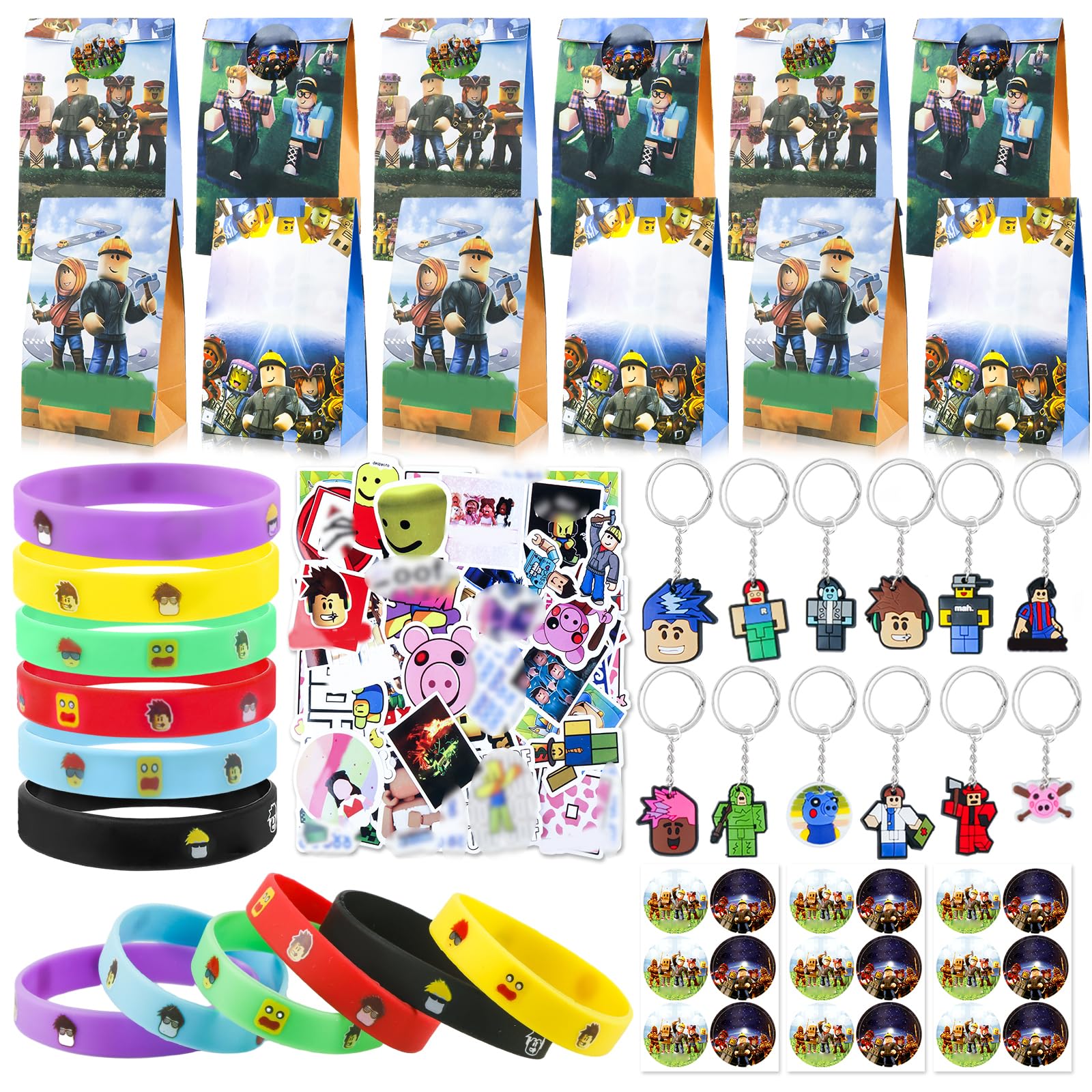 Mitgebsel Kindergeburtstag Set, Rob-lx Geburtstagsdeko Party Mitgebsel Party Deko Kindergeburtstag Schlüsselschnalle DIY Aufkleber Geschenktüten SilikonarmbandKinder Kindergeburtstag Gastgeschenk