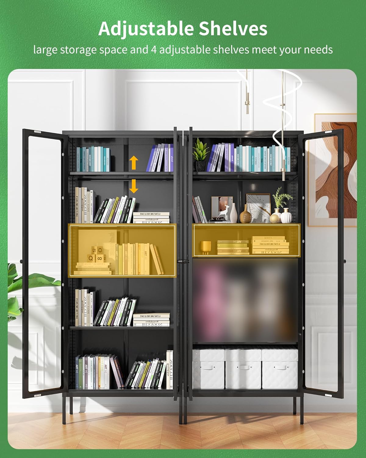 Bonusall Display Cabinet with Glass Doors,67” Metal Display Curio Cabinet with Glass Doors and 4 Adjustable Shelves for Collectibles,Home Office,Living Room,Gaming Room(Black)