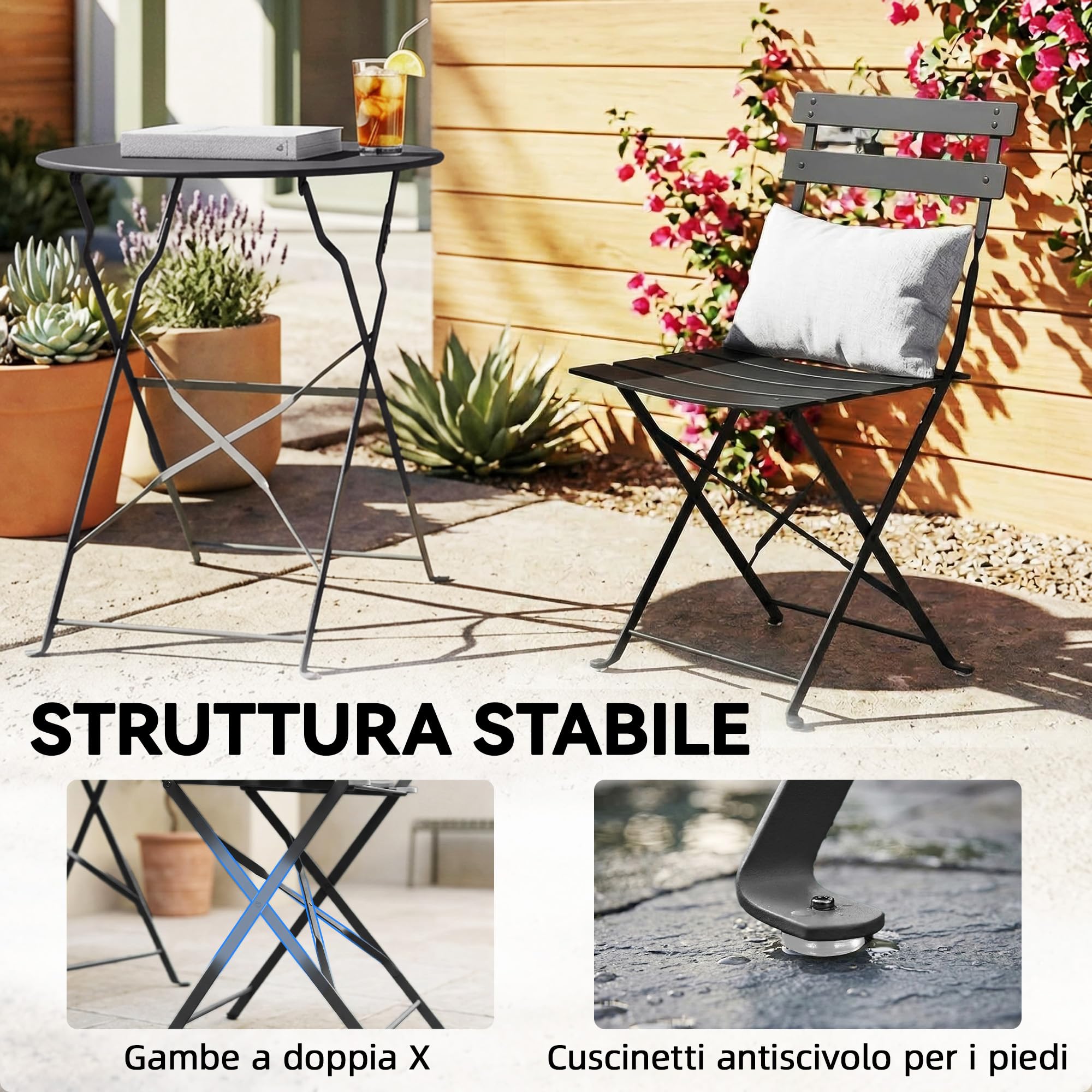 Outsunny Set da Bistrò da 3 Pezzi Pieghevole, Set da Giardino con 2 Sedie, Tavolo, Set di Mobili da Giardino in Metallo, per Patio Balcone, Nero