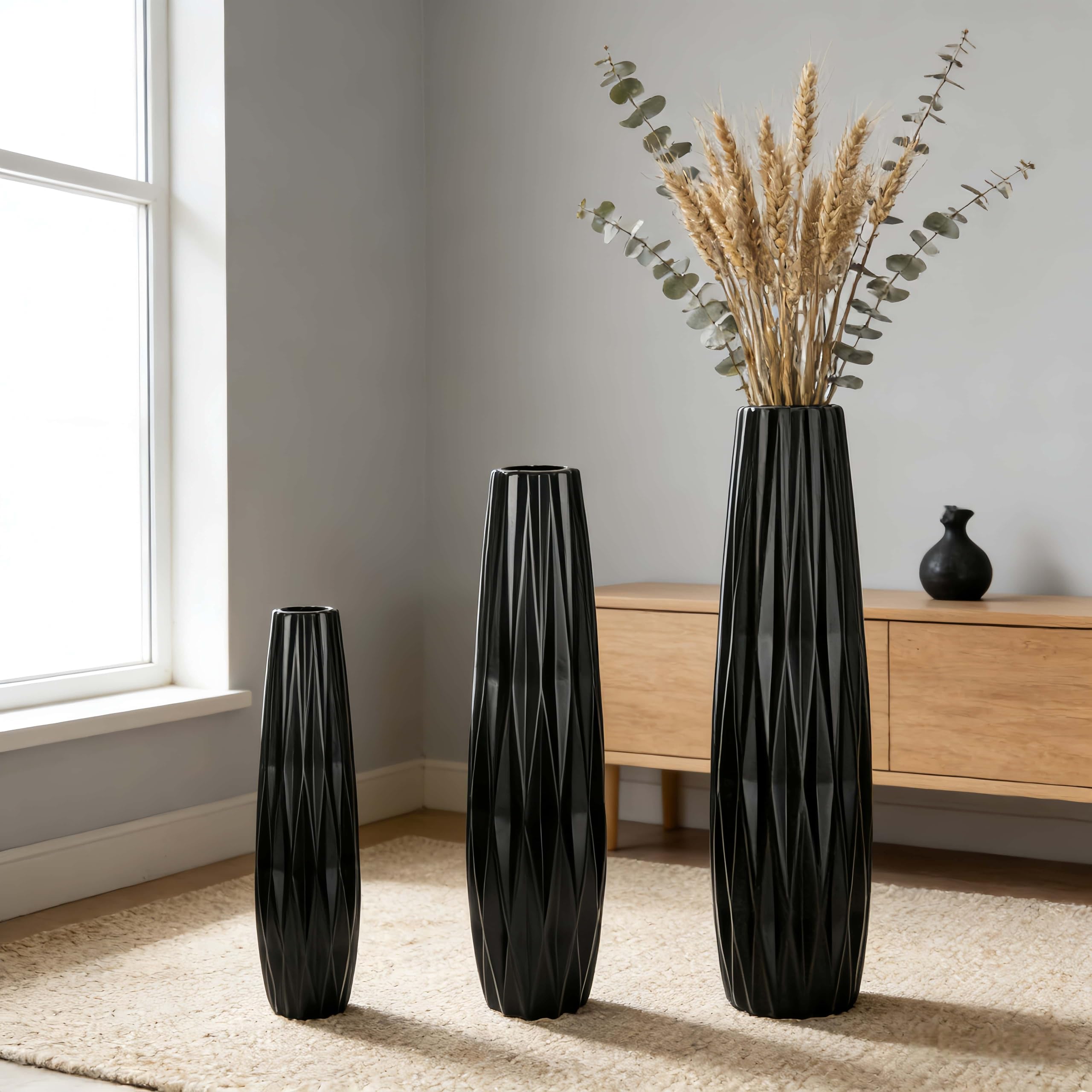 Moderne 60CM Schwarze Keramik Bodenvase,Hoch,24" Dekorative Vase für Pampasgras,Blumen und Trockenblumen,Ideal für Wohnzimmer und Büro