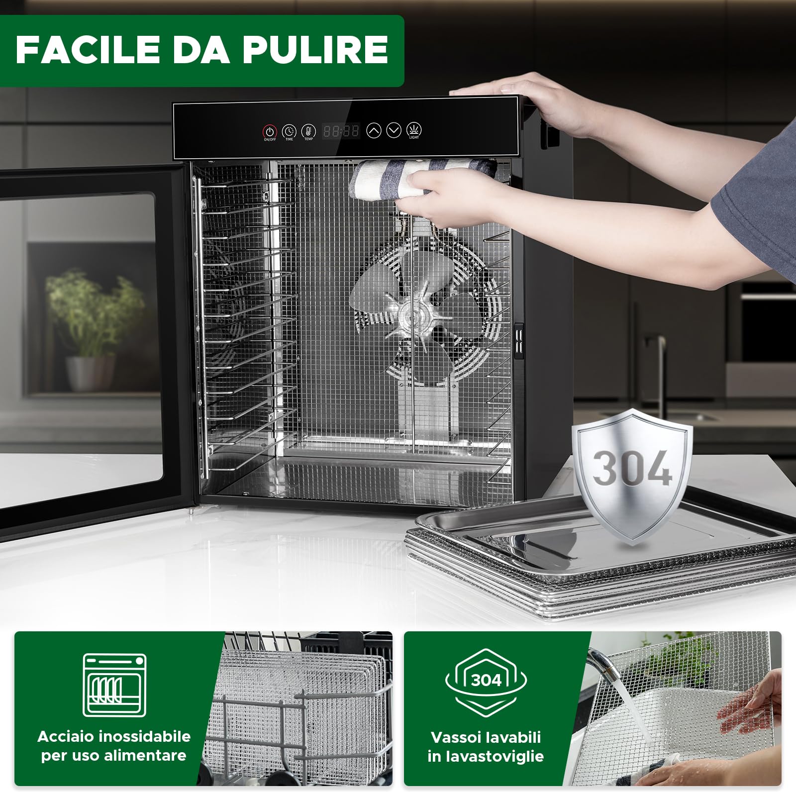 Kwasyo Essiccatore Alimentare 12 Vassoi in Acciaio Inox, Tutto Nero, Struttura a Doppio Strato, Grande Capacità, Essiccatore Commerciale per Frutta, Pesce, Verdure, Carne, Jerky, Erbe, 900W