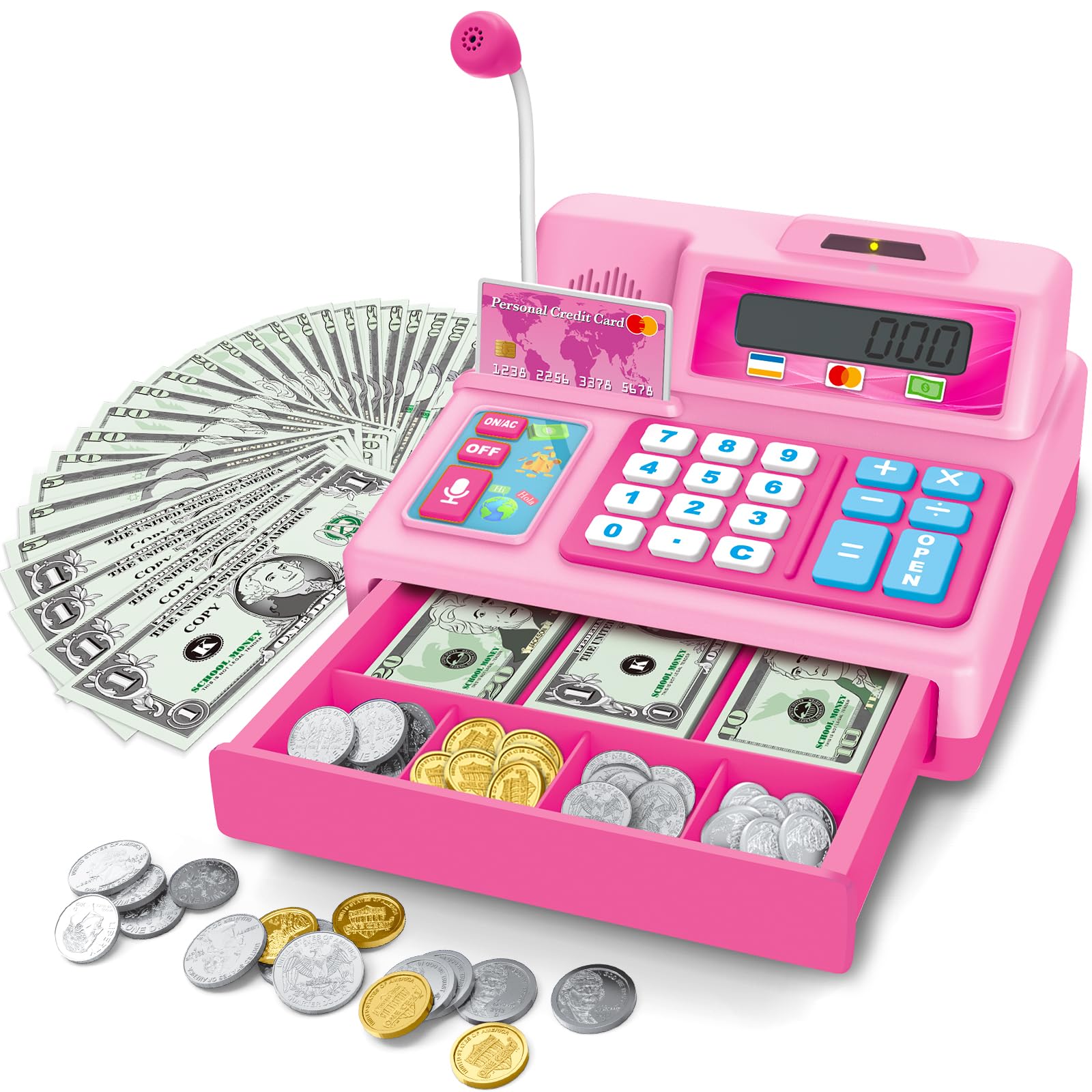 BAODLON Calculator Cash Register - 103 Pcs Pink Toy Cash Register, Microphone, Credit Card and Banking for Kids, Early Math Skills Toys Gifts for 3, 4, 5, 6 7 8+ Years Old Boys Girls